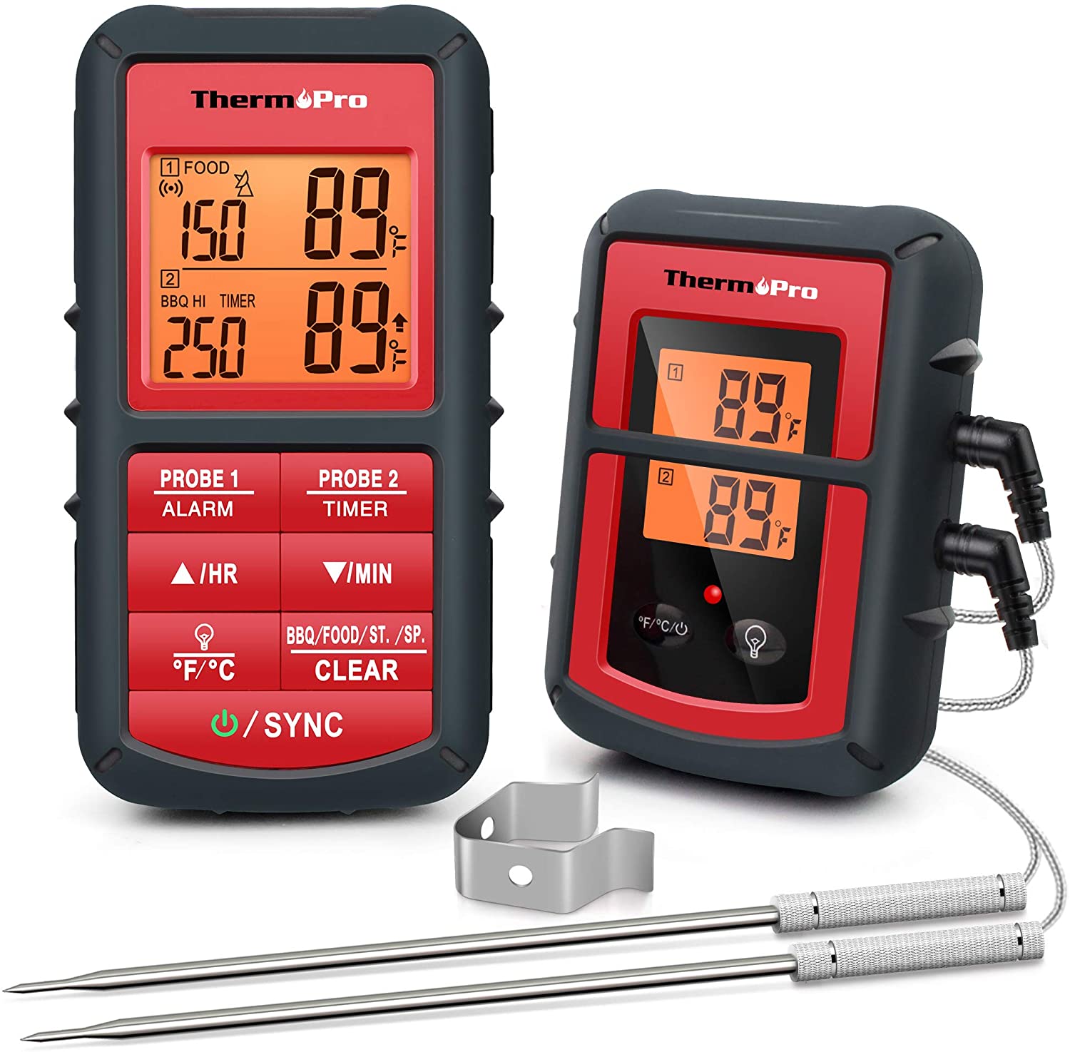 ThermoPro TP08C 디지털 주방 온도계 무선 육류 온도계 2 펌머 요리 온도계 오븐 온도계 부엌 시계 바베큐 요리 그릴 오븐