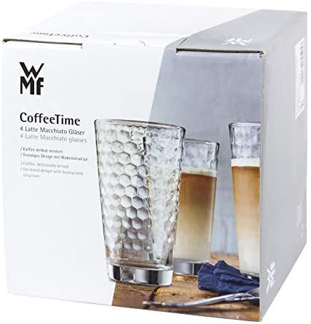 WMF CoffeeTime Longdrinkgl의 세트 4피스, 벌집 무늬275ml, 라떼 마끼아토, 칵테일, 내열 크리스탈 유리, 다양한 기계에 적합