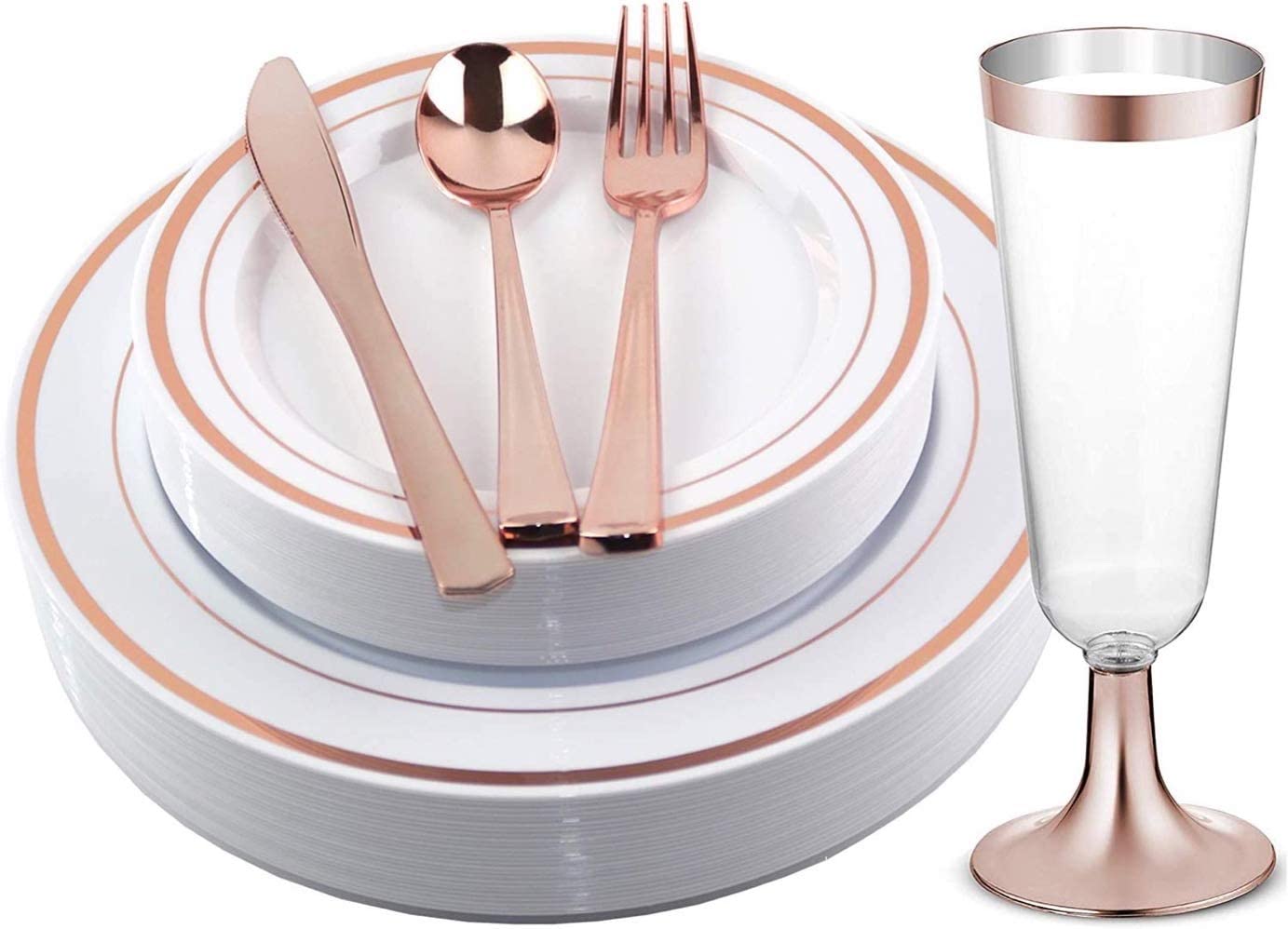 컵과 커틀러리 용품이 있는 Facciamo Festa Rose Gold Plastic Plates 150 Pcs 중과세 및 일회용 은제품 생일 파티, 웨딩, 리셉션, 크리스마스, 추수감사절 및 기타 파티: