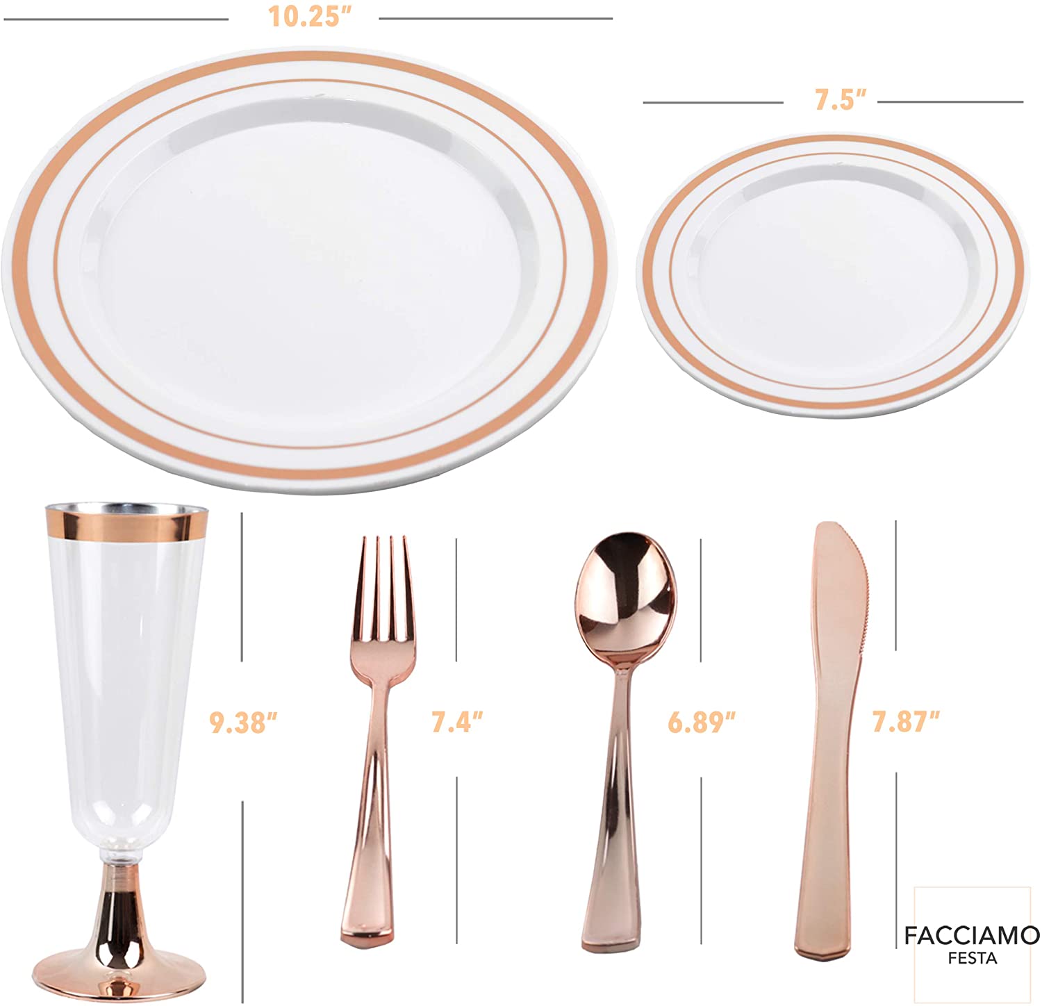 컵과 커틀러리 용품이 있는 Facciamo Festa Rose Gold Plastic Plates 150 Pcs 중과세 및 일회용 은제품 생일 파티, 웨딩, 리셉션, 크리스마스, 추수감사절 및 기타 파티: