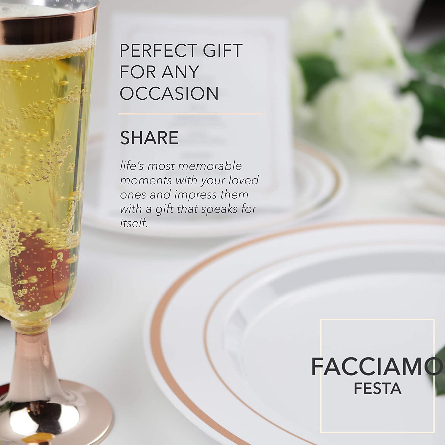 컵과 커틀러리 용품이 있는 Facciamo Festa Rose Gold Plastic Plates 150 Pcs 중과세 및 일회용 은제품 생일 파티, 웨딩, 리셉션, 크리스마스, 추수감사절 및 기타 파티: