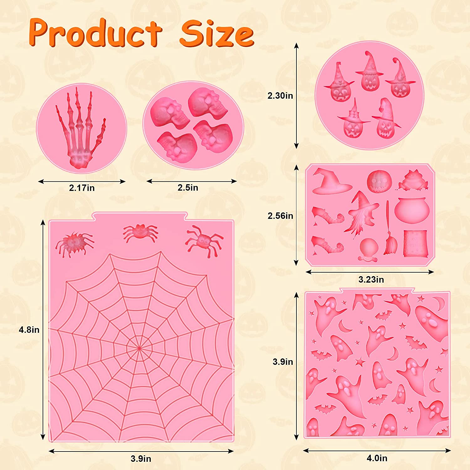 6 팩 할로윈 몰드 미니 할로윈 퐁당 몰드 핑크 폴리머 클레이 몰드, 케이크 장식용 비 점착성 실리콘 몰드 - 해골 호박 거미 유령 거미줄 해골 손 마녀: 주방 및 식당
