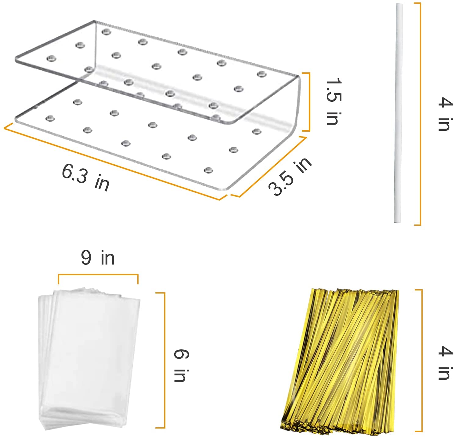 아크릴 롤리팝 홀더, 2PC 케이크 팝 스탠드 디스플레이 케이크 팝 홀더 100PCS 롤리팝 스틱 100PCS 투명 사탕 가방 및 100PCS 골드 메탈릭 트위스트 넥타이 사탕 케이크 팝 만들기 도구: 주방 및 식당