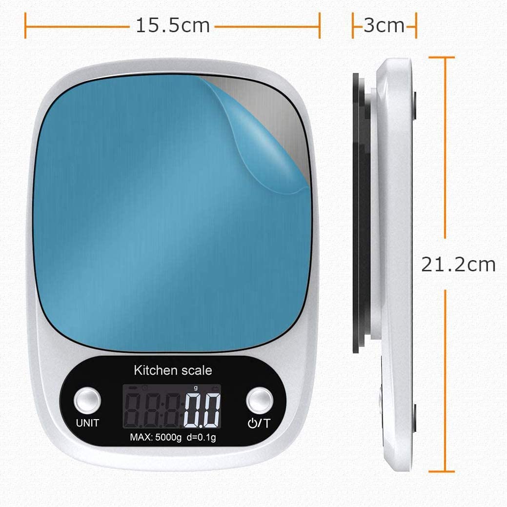 Takelablaze 주방 저울 디지털 저울 0.1g 단위 쿠킹 스케일의 최대 5kg까지 측정 가능 고정밀 센서 다기능 식품 스케일 식품 용 전자 저울 주방 저울 디지털 용기 기능 자동 전원 차단 전력량 부족 제시 저울 요리 다용도 배터리 포함