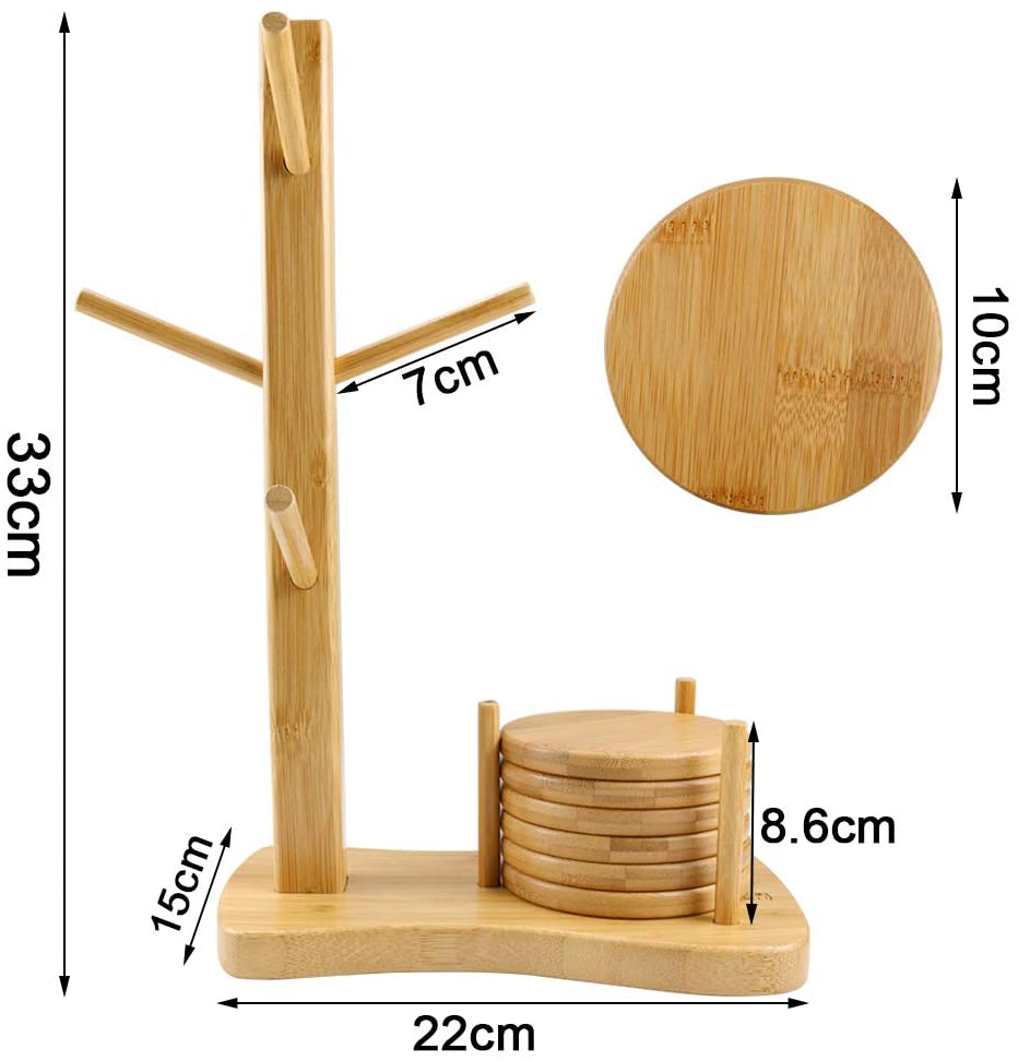 [천연 소재]YOSHIKI라기 공방 대나무 머그컵 트리 코스터 세트 컵 스탠드 컵 랙 탈수 컵 깔개 다기능 YK-CT6