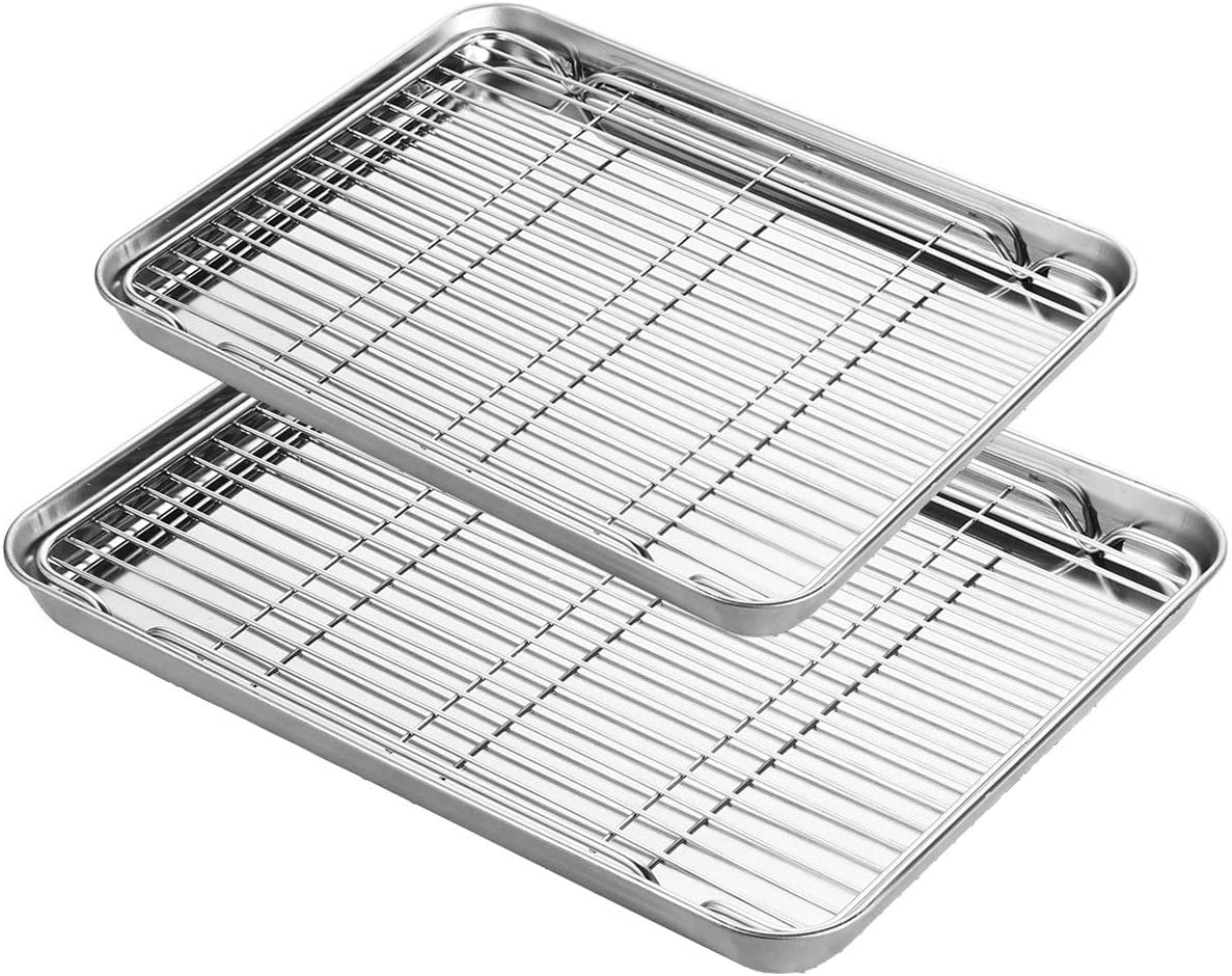 랙 세트가있는 베이킹 시트, 냉각 랙이있는 Yododo 스테인리스 베이킹 팬 트레이 쿠키 시트, 비 독성 및 건강, 녹 방지 및 강력, 거울 마감 및 세척 용이, 식기 세척기 안전-4 개