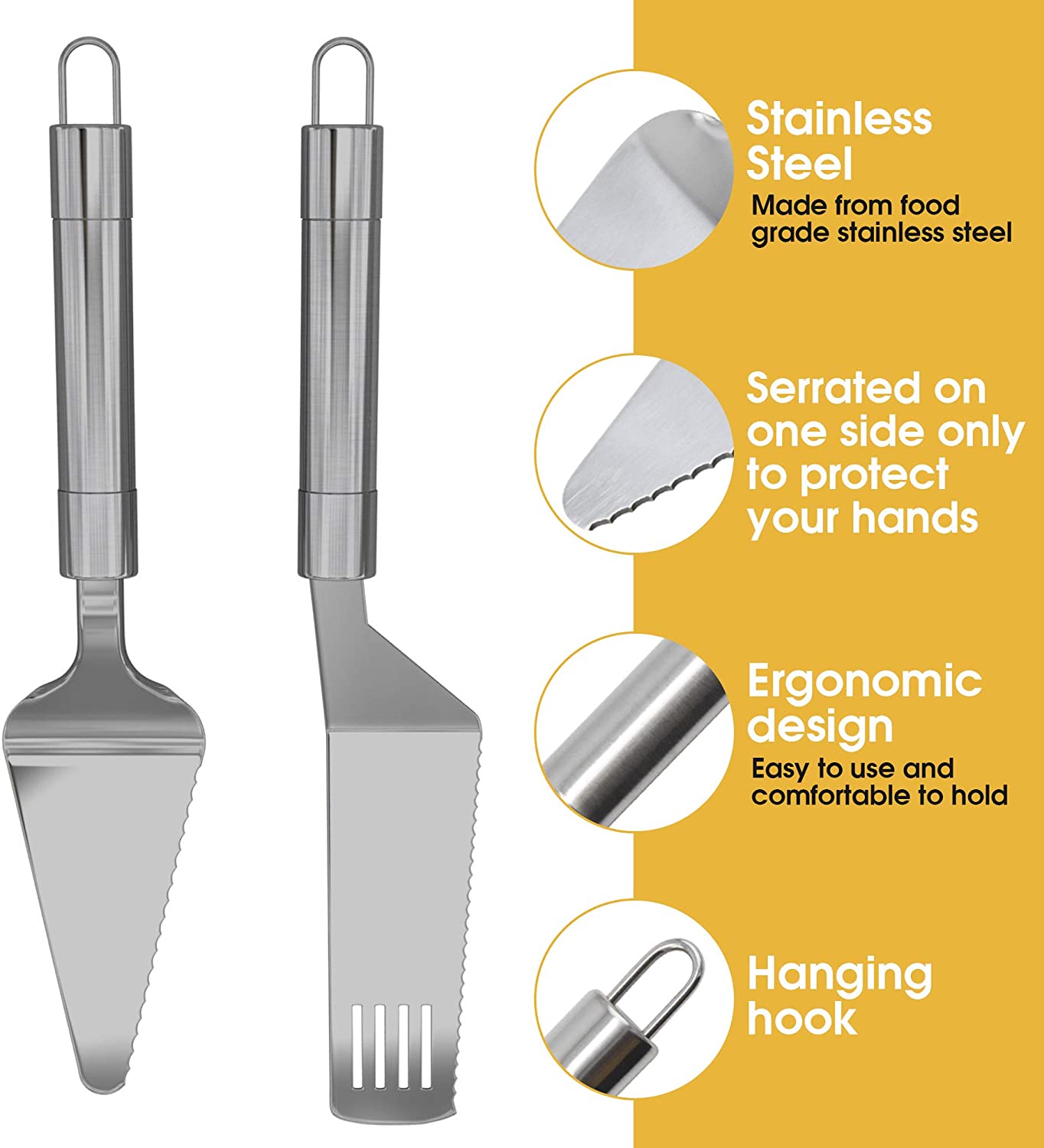 스테인리스 스틸 파이 서버 주걱 세트-디저트, 브라우니, 라자냐를 자르고 제공하기위한 우아한 인체 공학적 핸들이있는 톱니 모양의 주걱 및 케이크 서버 : 케이크, 파이 및 페이스트리 서버