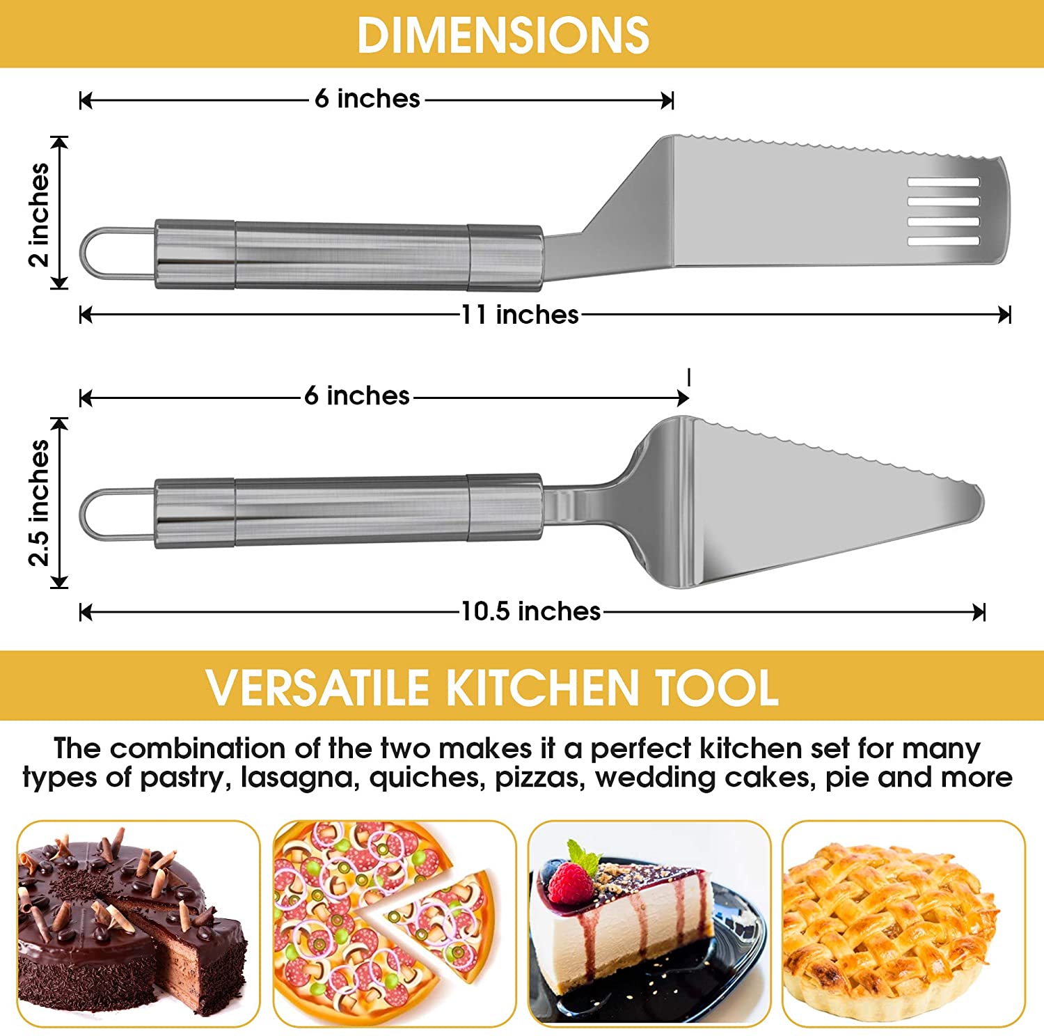 스테인리스 스틸 파이 서버 주걱 세트-디저트, 브라우니, 라자냐를 자르고 제공하기위한 우아한 인체 공학적 핸들이있는 톱니 모양의 주걱 및 케이크 서버 : 케이크, 파이 및 페이스트리 서버