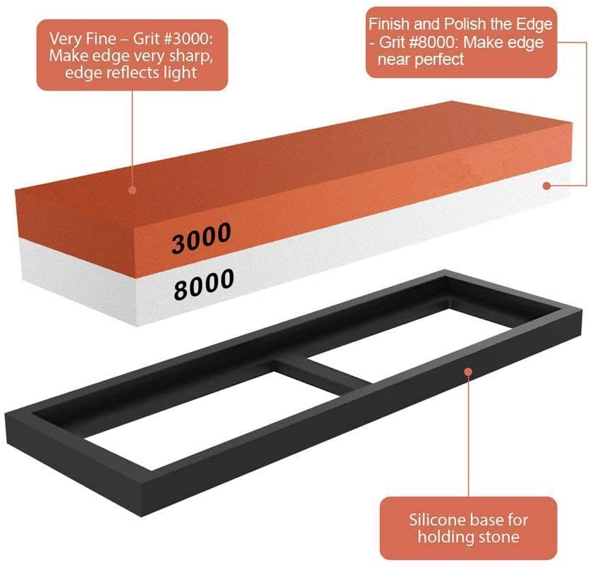숫돌 프리미엄 2-IN-1 샤프닝 스톤 3000/8000 그릿 워터 스톤 키트 나이프 샤프너 스톤 (슬립베이스 포함), 주방 사냥 및 포켓 나이프 용 연마 도구