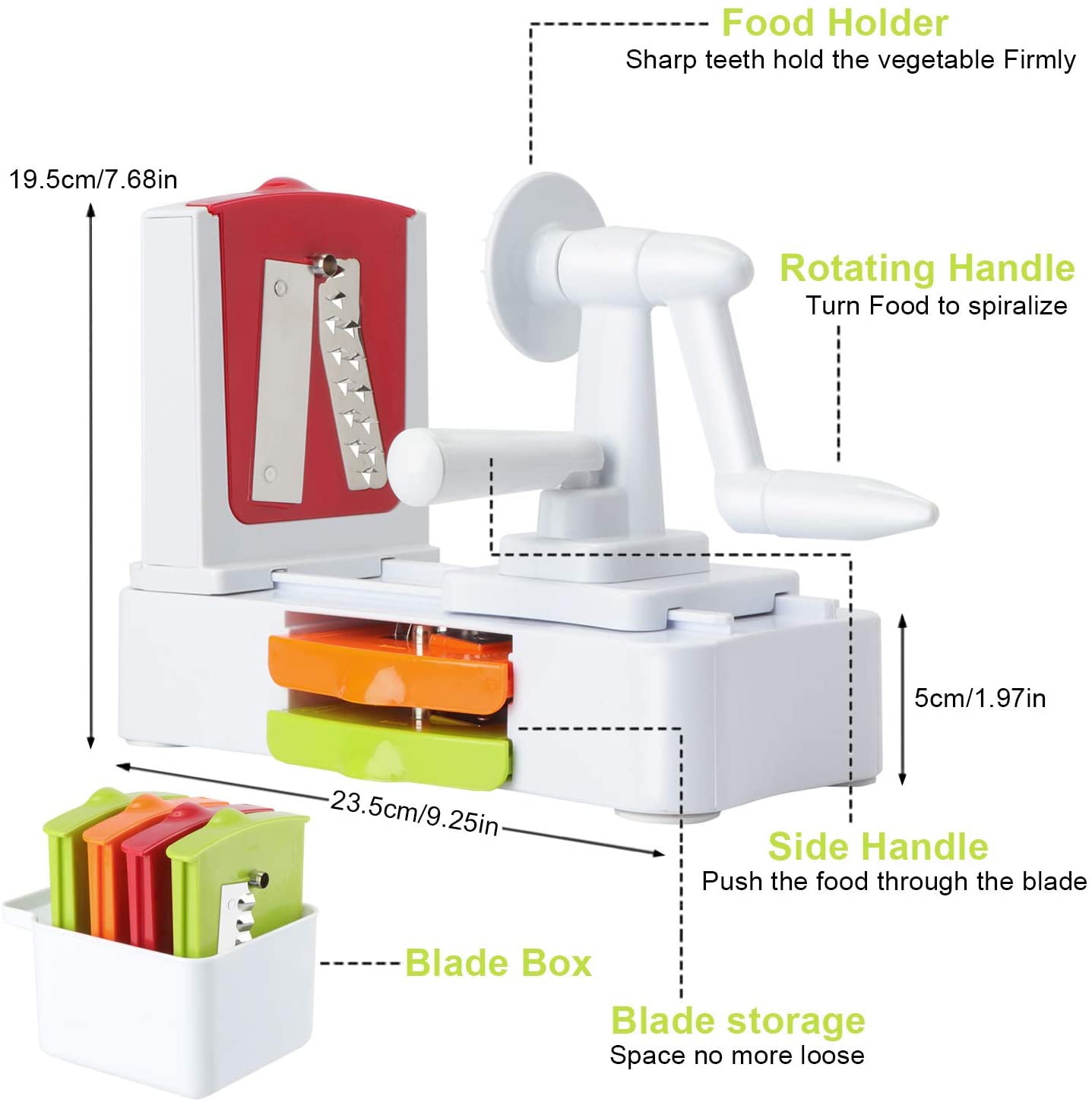 토론토 7 블레이드 Spiralizer, 내구성 스테인레스 스틸 블레이드와 야채 슬라이서, 주방 요리 도구, 블레이드 저장소 컨테이너와 나선형 국수 메이커-화이트