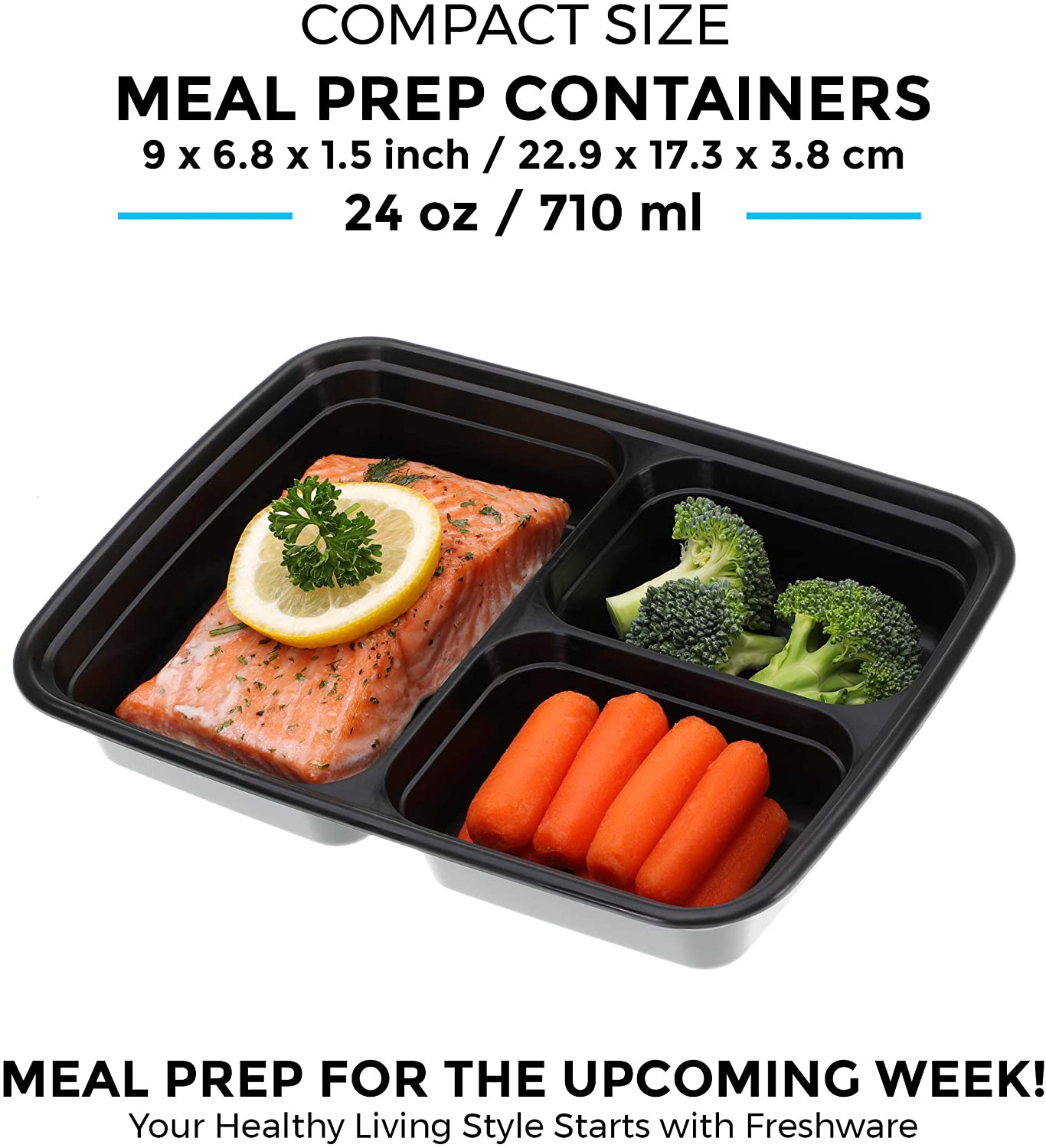 Freshware Meal Prep Containers [21 팩] 뚜껑이있는 3 칸, 식품 저장 용기, 도시락 상자 | BPA 무료 | 쌓을 수있는 | 전자 레인지 / 식기 / 냉장고 안전, 부분 조절, 21 일 고정 (24 온스)