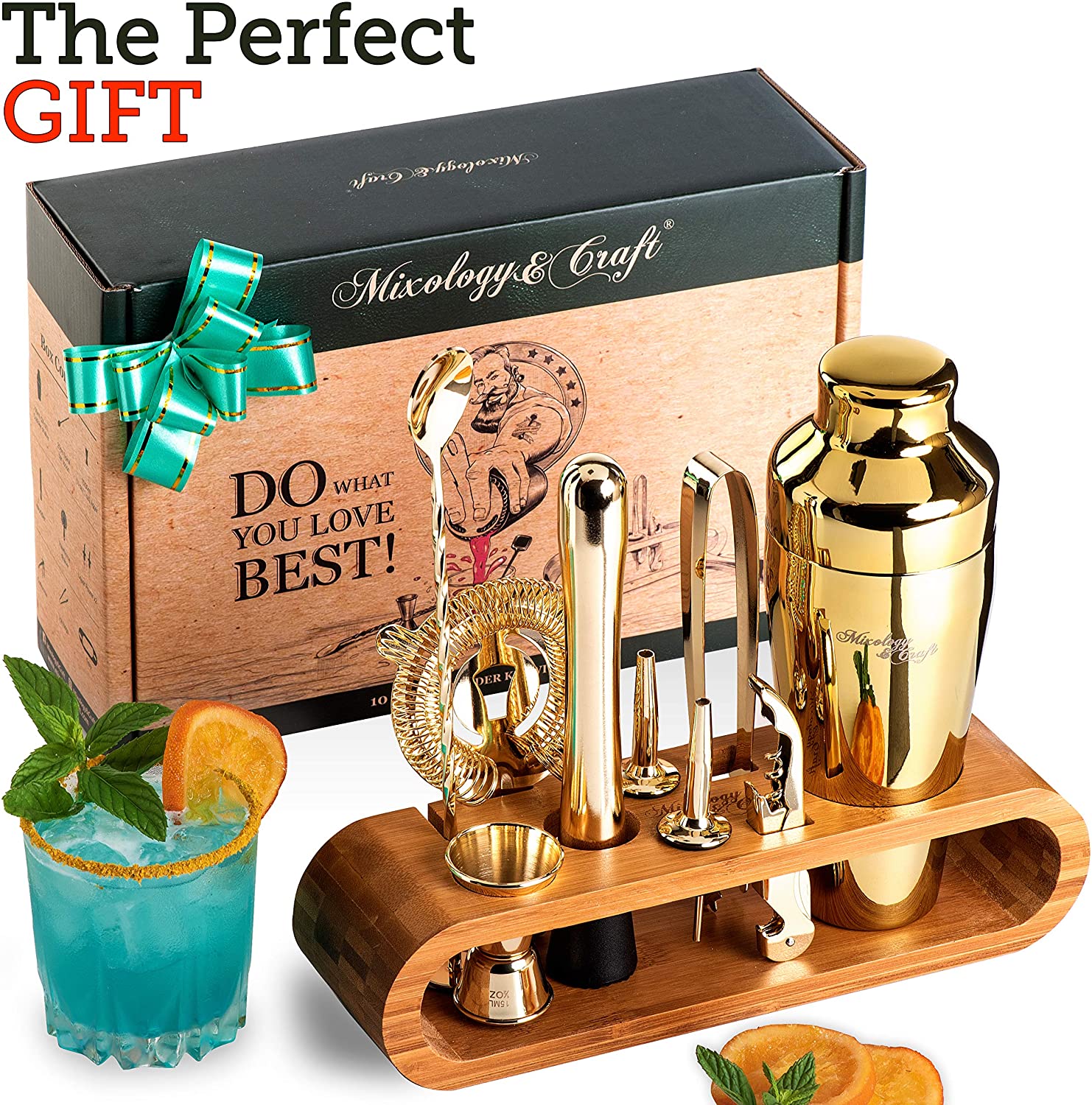 Mixology Bartender Kit : 세련된 대나무 스탠드가있는 10 피스 골드 바 세트 칵테일 셰이커 | Foolproof 음료 혼합을위한 골드 바 도구와 마티니 쉐이커가있는 완벽한 홈 바텐 딩 키트