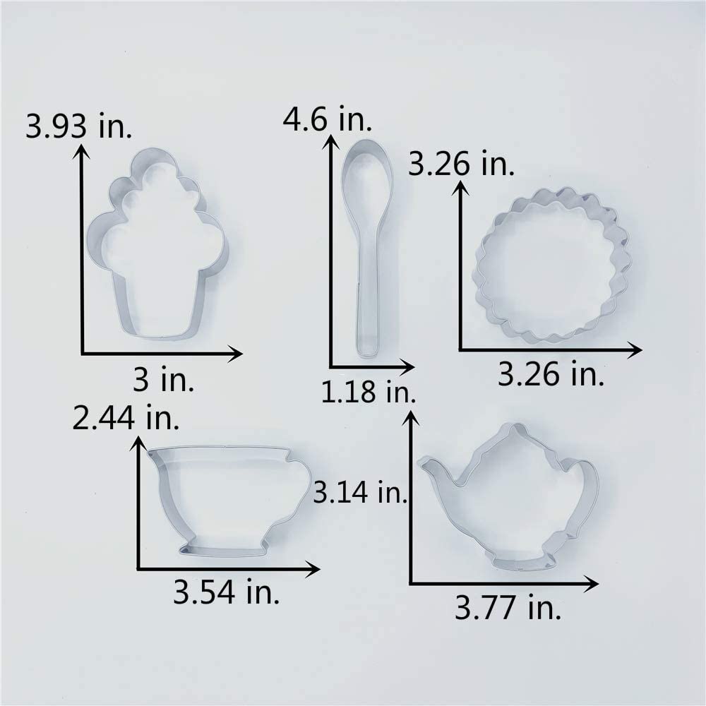 LILIAO 티 파티 쿠키 커터 세트-5 개-주전자, 찻잔, 컵 케이크, 스푼 및 코스터 비스킷 퐁당 커터-스테인레스 스틸