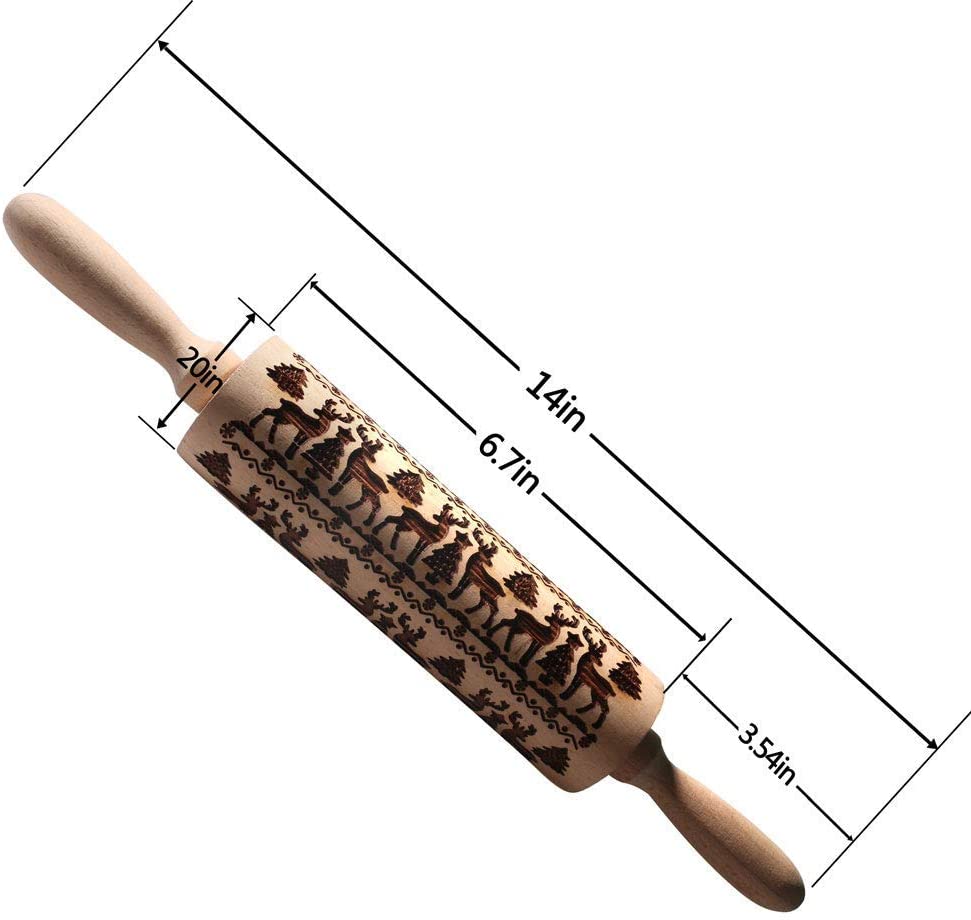 새겨진 엠보싱 롤링 핀, 크리스마스 나무 조각 사슴 순록 롤링 핀, 쿠키 반죽을 만들기위한 주방 도구, 집 온난화 선물…