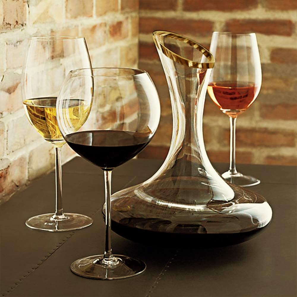 Royal Freedom Wine Decanter-크리스탈 글래스 레드 와인 물병-골드 팁, 100 % 무연 및 두꺼운 손으로 날린 와인 에어 레이터-훌륭한 와인 선물 및 와인 액세서리-1800 ml (60 oz) 용량의 넓은베이스