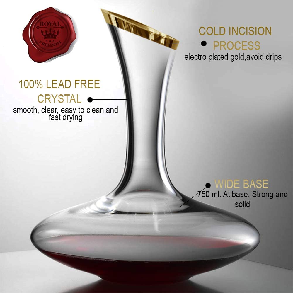 Royal Freedom Wine Decanter-크리스탈 글래스 레드 와인 물병-골드 팁, 100 % 무연 및 두꺼운 손으로 날린 와인 에어 레이터-훌륭한 와인 선물 및 와인 액세서리-1800 ml (60 oz) 용량의 넓은베이스