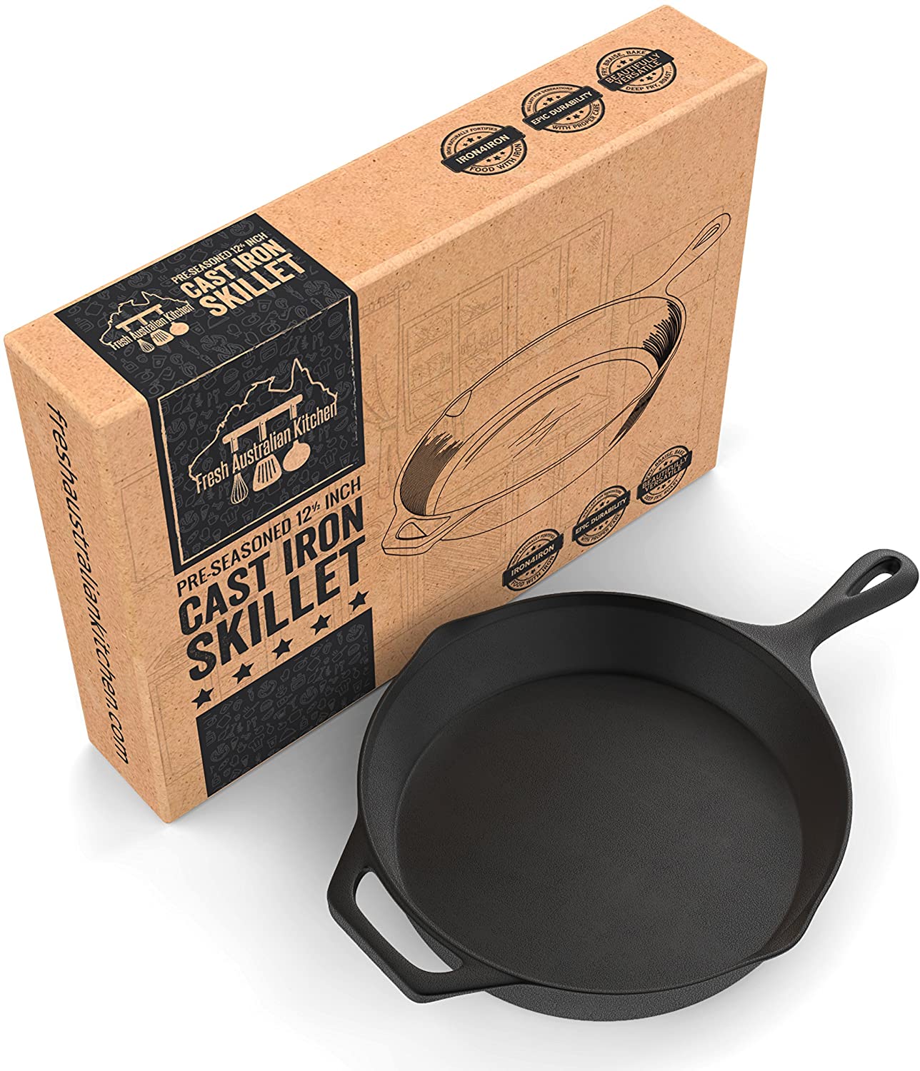 Pre-seasoned Cast Iron Skillet 12.5 Inch by Fresh Australian Kitchen. 오븐 안전 조리기구, 완벽한 캠핑, 실내 및 실외 팬.