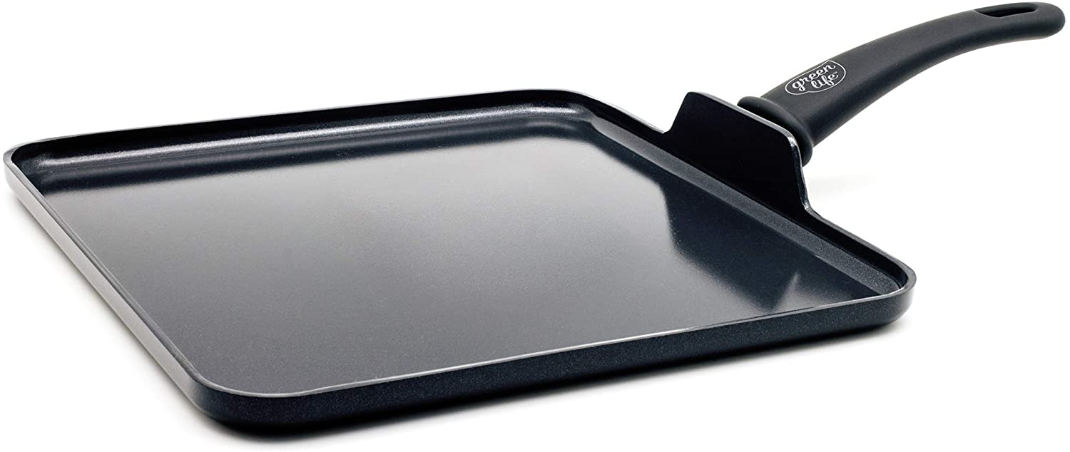 GreenLife Diamond 헬시 세라믹 붙지 않는 식기 세척기 안전 오븐 Safe Stay Cool Handle Square Griddle, 11 인치, 블랙