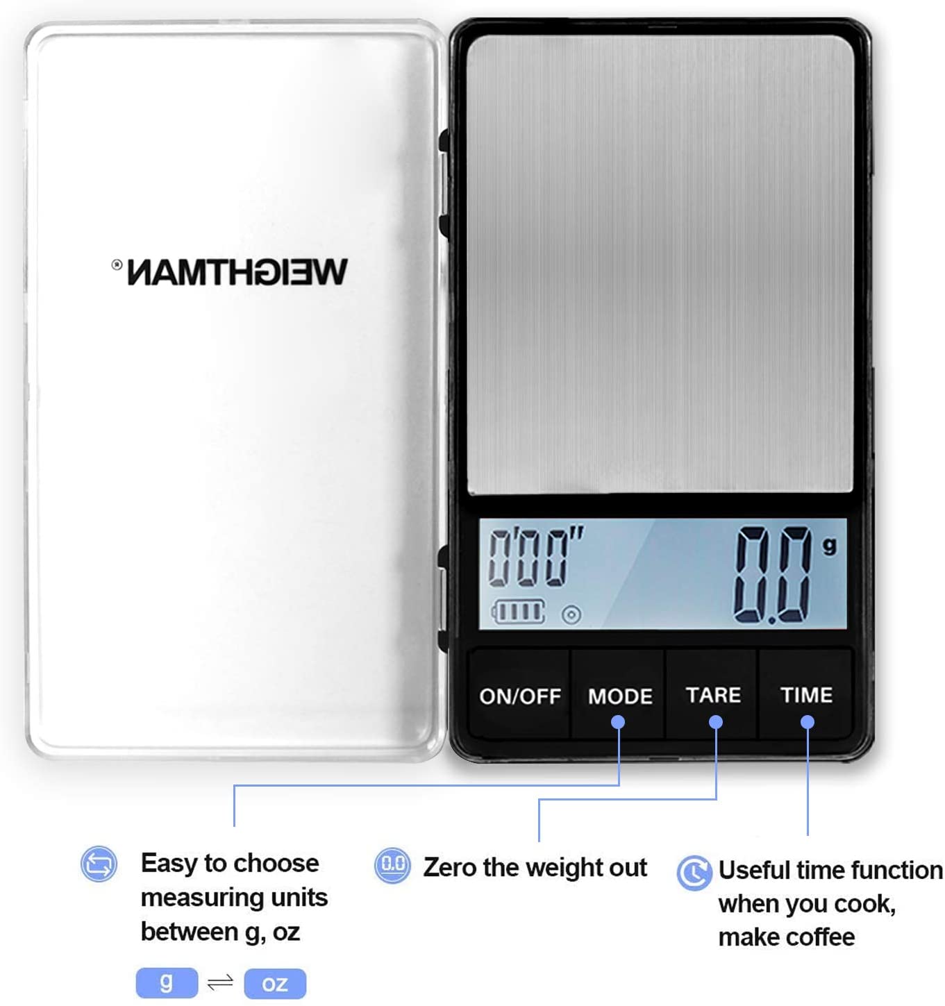 타이머가있는 WEIGHTMAN 커피 스케일, 600ml 실리콘 보울이있는 300 x 0.01g 디지털 그람 스케일, LCD가있는 에스프레소 스케일, 커피 추출을위한 스테인리스 스틸 여행 식품 스케일, 배터리 포함