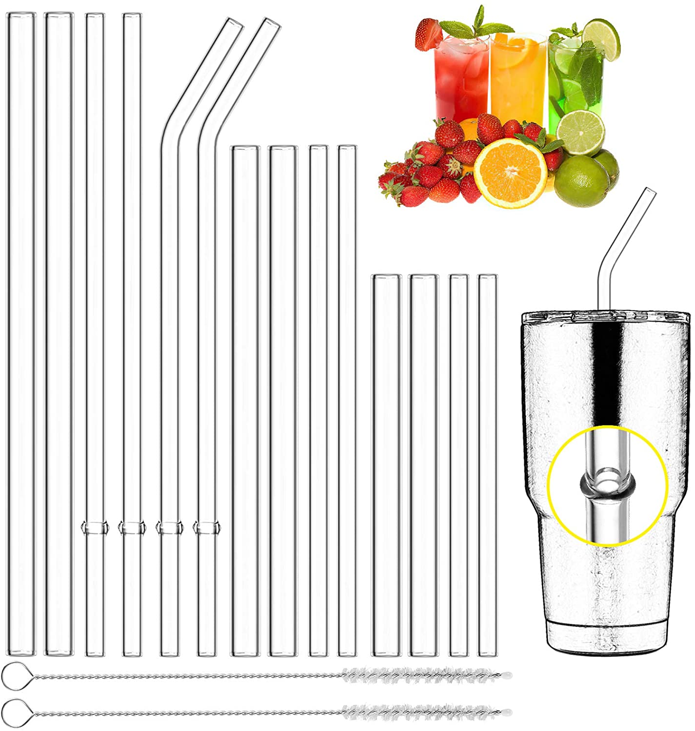 Qisiewell 재사용 가능 유리 빨대 - 14 x 빨대 3 x 길이 2 x 시살 청소용 브러시 - 밀크셰이크용 스무디 빨대, 냉동 음료, 버블티, 과일 주스:
