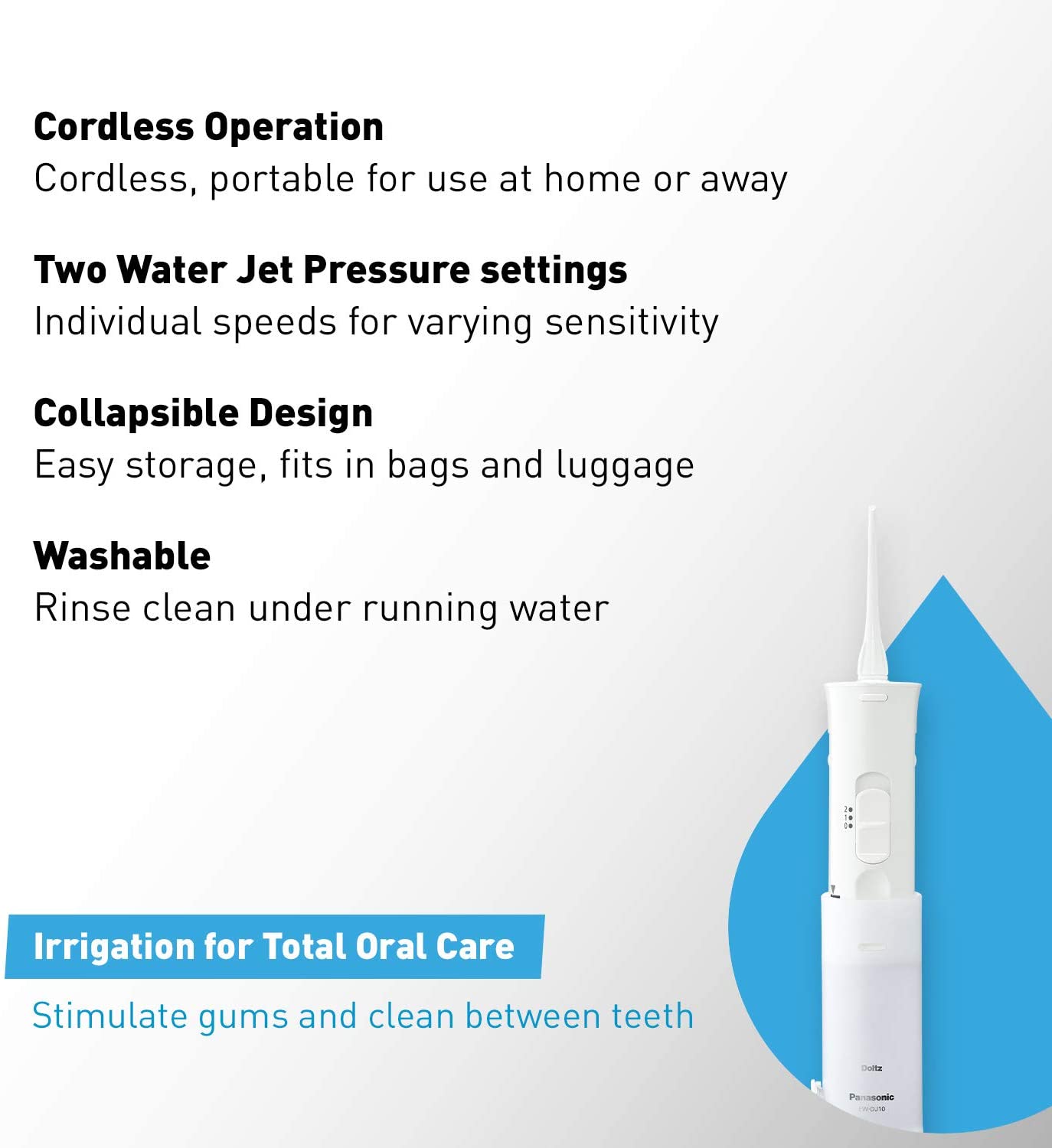 Panasonic DJ10-W Cordless Dental Water Flosser, 이중 속도 펄스 구강 세정기, 접이식, 여행용 디자인-EW-DJ10-W