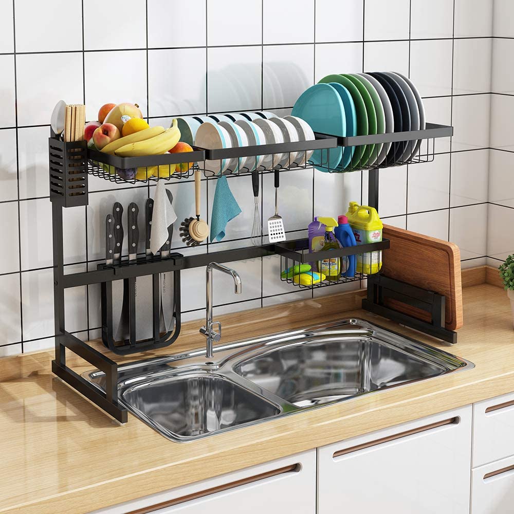 Dish Rack over Sink Dish Dish Rack over the Sink Dish Rack over Utensil Holder 절단 보드 홀더 Dish 배출기가 장착된 Sink Shelf over Sink Size €32인치):