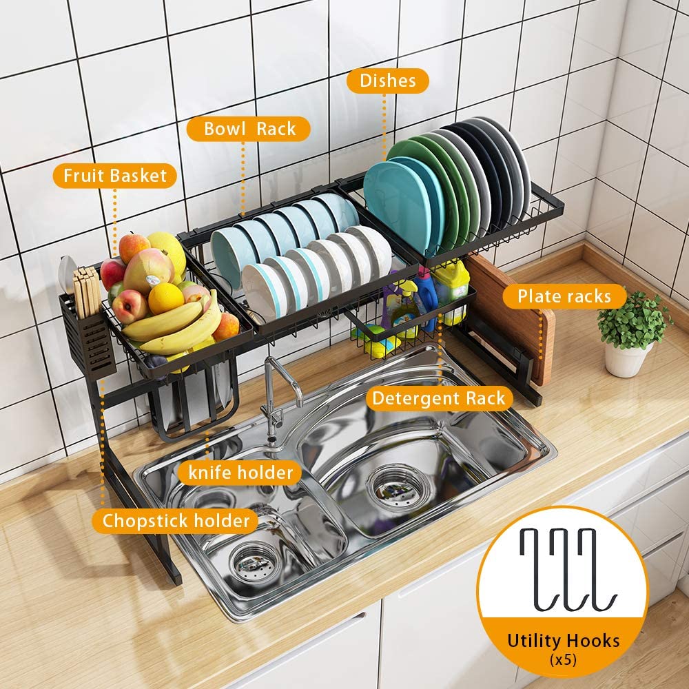 Dish Rack over Sink Dish Dish Rack over the Sink Dish Rack over Utensil Holder 절단 보드 홀더 Dish 배출기가 장착된 Sink Shelf over Sink Size €32인치):