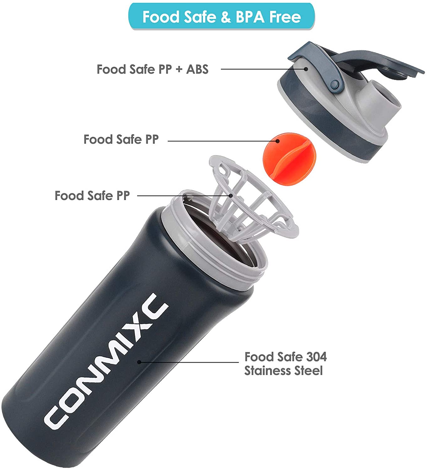 단백질 혼합용 스테인리스 스틸 쉐이커 보틀 28온스 800ml, 단백질 셰이크용 CONMIXC 누출 방지 셰이커 컵, BPA 무료 스포츠 워터보틀 쉐이크 컵 믹서기(운동장용 캐리 핸들 포함)(파란색):
