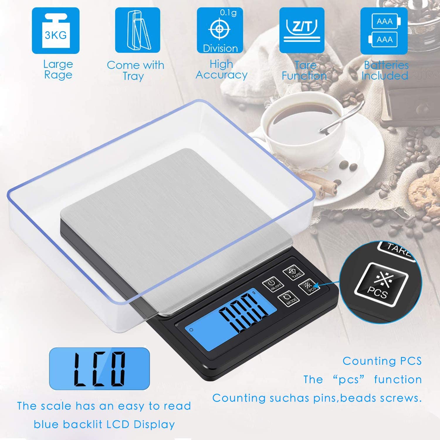 Ataller Digital Kitchen Scale, USB 충전식 다기능 식품 Scale, High Precision 0.1g 포켓 주얼리 Scale with 백라이트 LCD Display, 트레이, Auto Off, Tare, PCS Function, 스테인리스 스틸: Industrial & Scientific