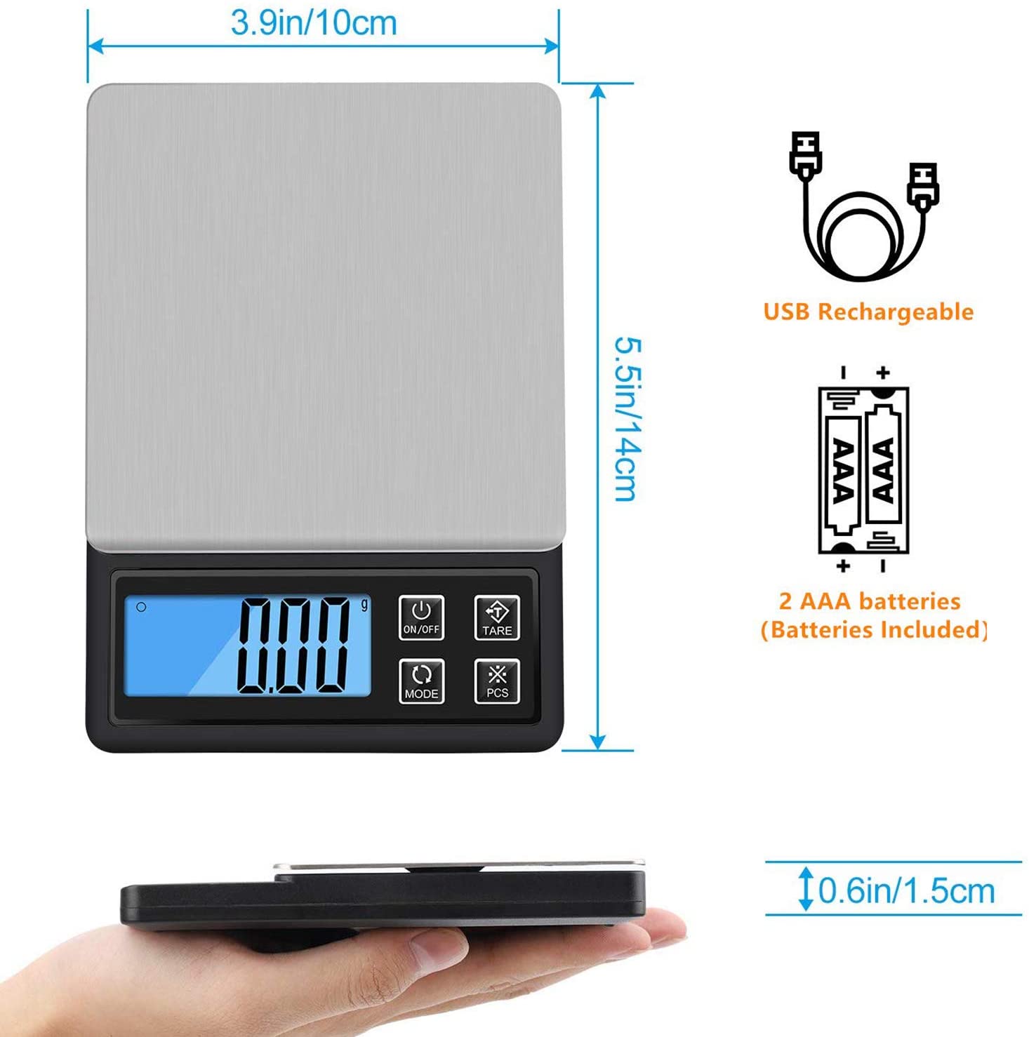 Ataller Digital Kitchen Scale, USB 충전식 다기능 식품 Scale, High Precision 0.1g 포켓 주얼리 Scale with 백라이트 LCD Display, 트레이, Auto Off, Tare, PCS Function, 스테인리스 스틸: Industrial & Scientific