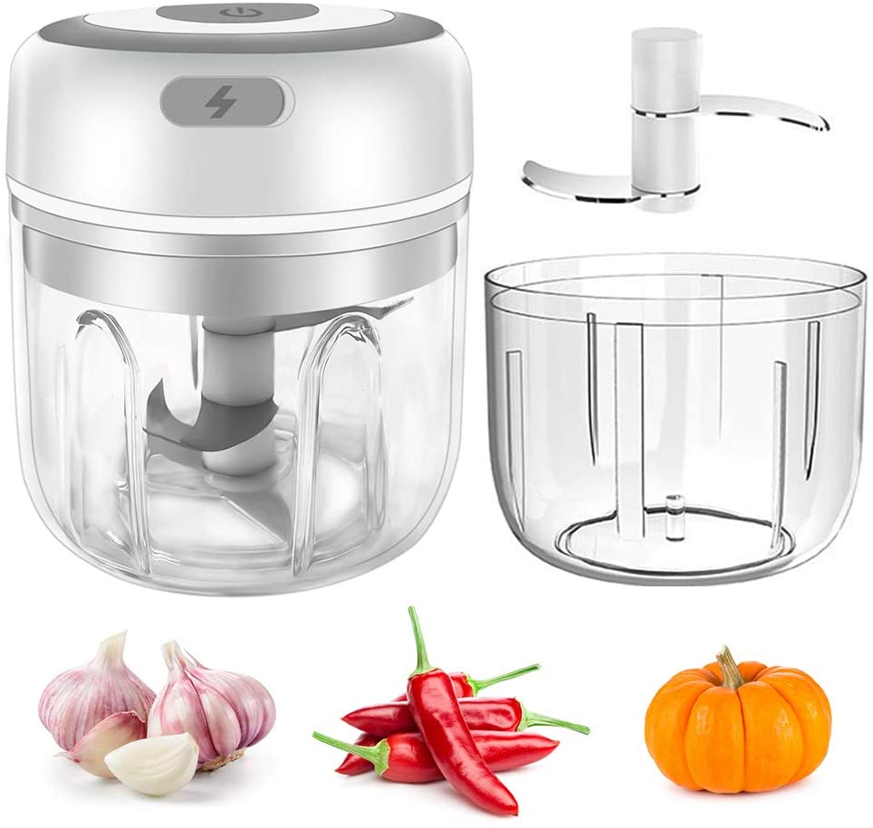 Cordless 2PCS Electric Mini Garlic Chopper, Powerful Garlic Press Chopper, Portable Small Food Processor for Pepper Garlic Chili 야채 Nuts Mincer/Grinder, Baby Food Maker, 250&100ml, White: Home & Kitchen