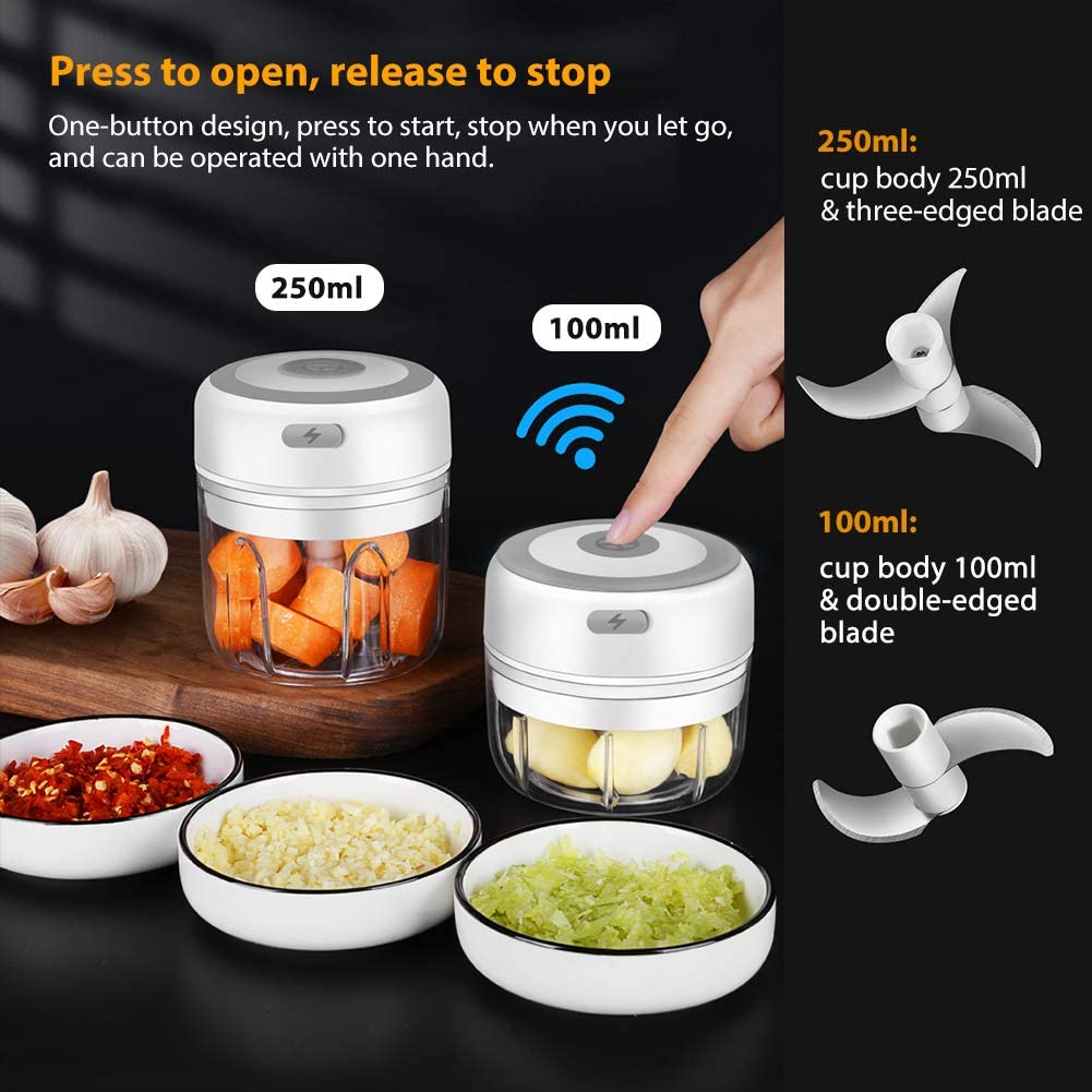 Cordless 2PCS Electric Mini Garlic Chopper, Powerful Garlic Press Chopper, Portable Small Food Processor for Pepper Garlic Chili 야채 Nuts Mincer/Grinder, Baby Food Maker, 250&100ml, White: Home & Kitchen