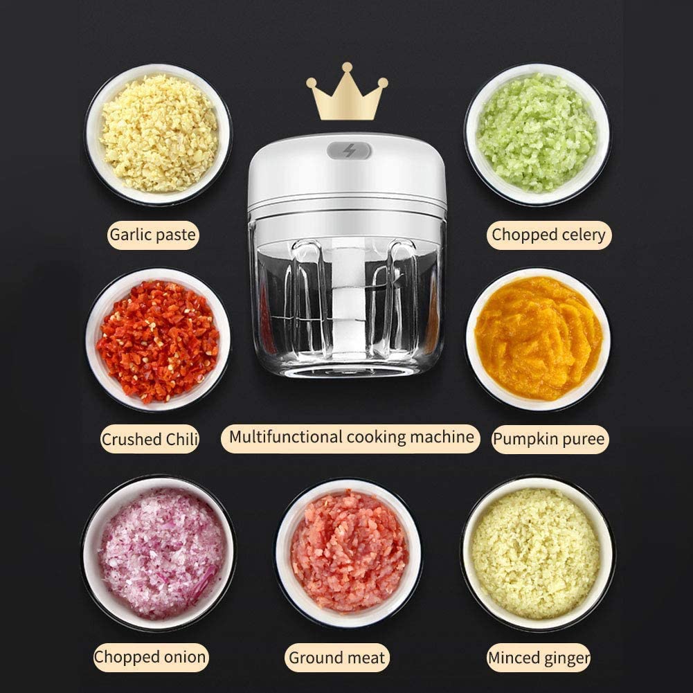 Cordless 2PCS Electric Mini Garlic Chopper, Powerful Garlic Press Chopper, Portable Small Food Processor for Pepper Garlic Chili 야채 Nuts Mincer/Grinder, Baby Food Maker, 250&100ml, White: Home & Kitchen