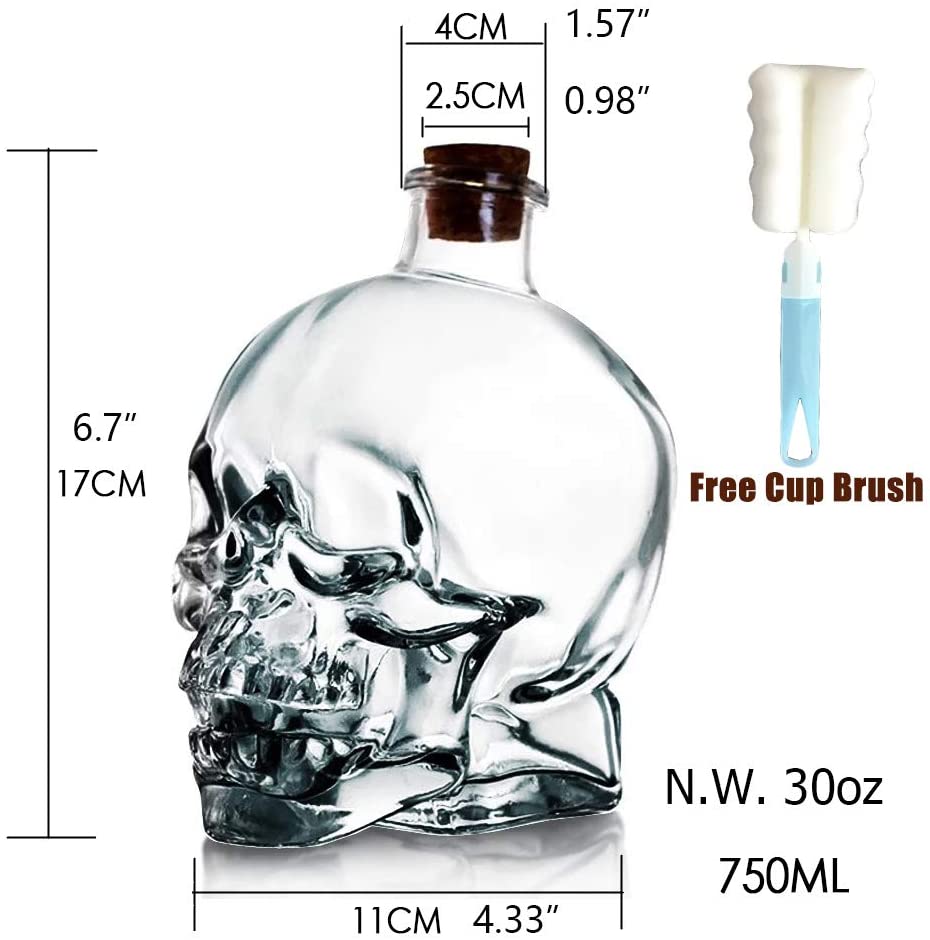 스컬 디켄터 무연 유리 스컬 프롭 위스키 병 코르크 마개(750ML): 주류 디켄터