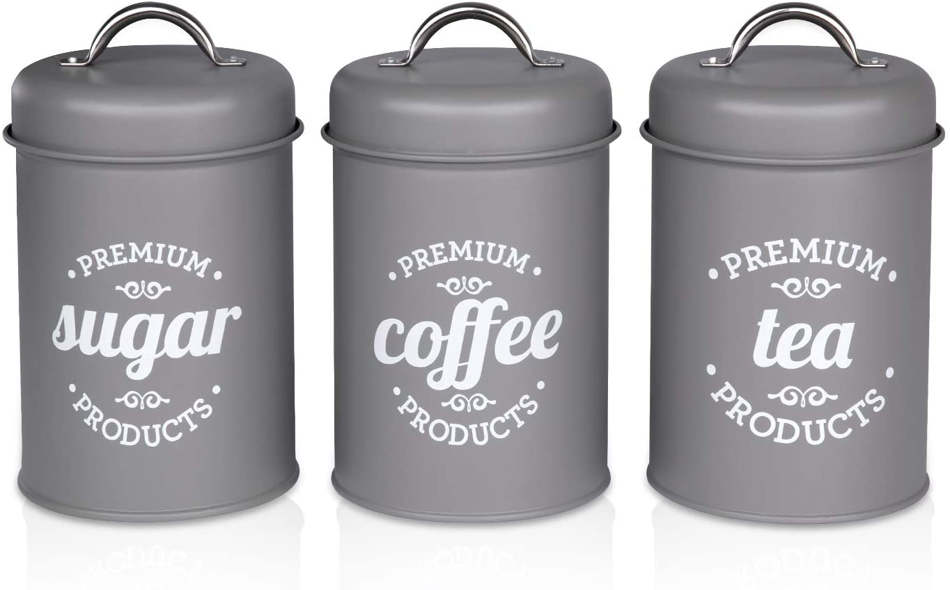 DAILAYLIFE 밀폐 키친 캐니스터 장식(Lids), 그레이 메탈 촌스러운 농가 컨트리 장식 용기(Sweat Coffee Tea Storage)(3종 세트):