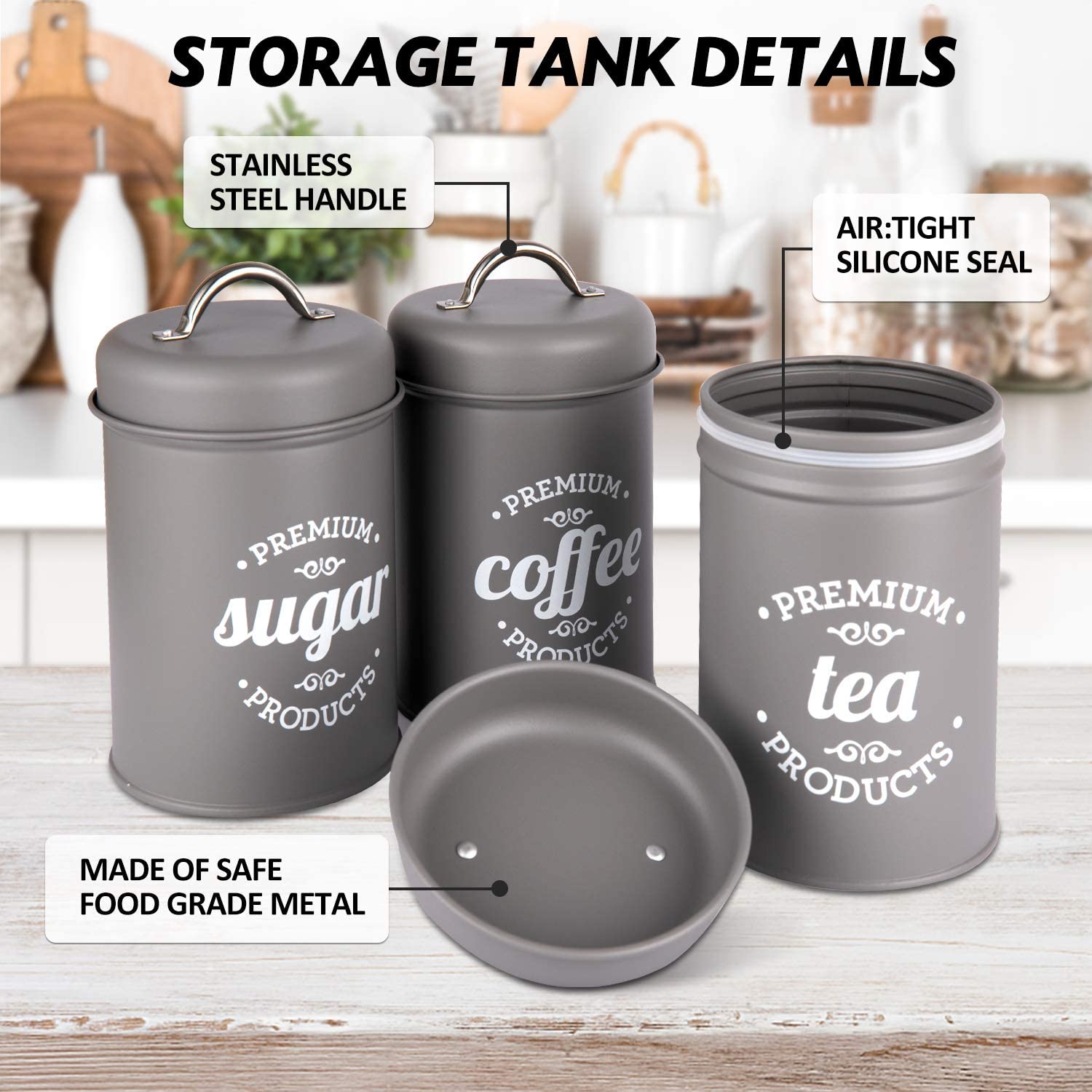 DAILAYLIFE 밀폐 키친 캐니스터 장식(Lids), 그레이 메탈 촌스러운 농가 컨트리 장식 용기(Sweat Coffee Tea Storage)(3종 세트):