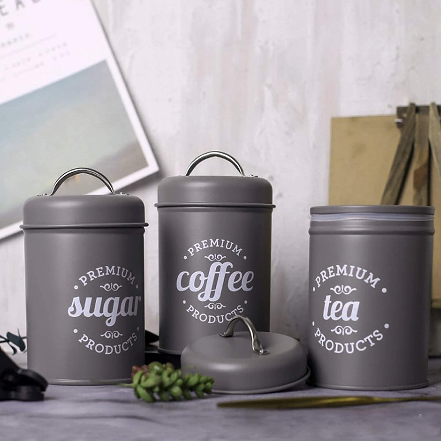 DAILAYLIFE 밀폐 키친 캐니스터 장식(Lids), 그레이 메탈 촌스러운 농가 컨트리 장식 용기(Sweat Coffee Tea Storage)(3종 세트):