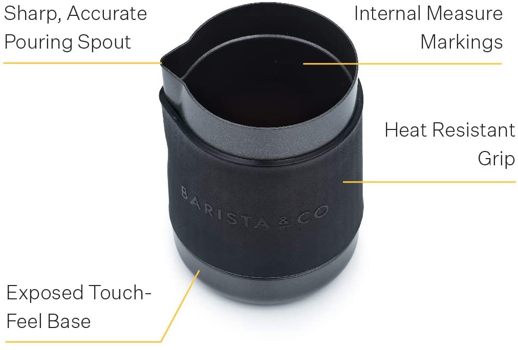 바리스타 & Co BC041-023 핸들리스 밀크 저그, 스테인리스 스틸 밀크 프루팅 저그, 블랙, 600ml