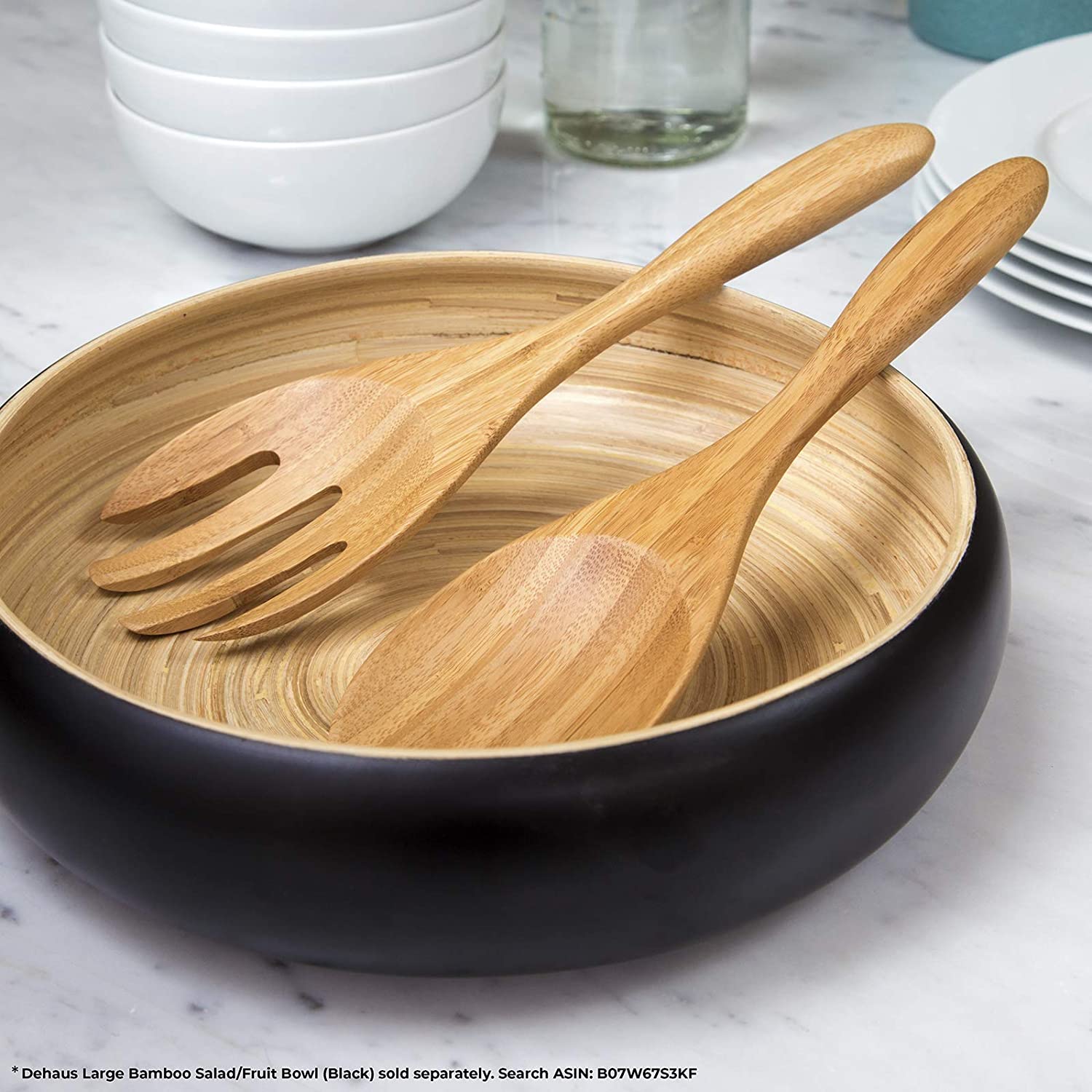 Dehaus ® Large Berman Salad Server 30.5cm, Eco 프렌들리 목재 서빙 스푼 세트, 포크 및 스푼 통, 목재 키친 Utensil(12인치 근사)