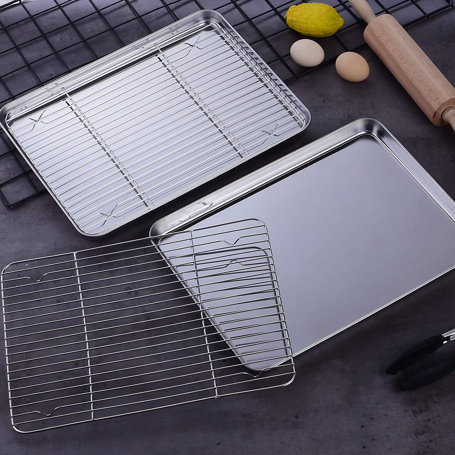 Velaze Bake Tray with Rack Set (2팬 + 2랙), Stainless 스틸 베이킹 팬 쿠키 시트 with Cooling Rack, Non Toxic & Health, 이지 클린 & Dishwasher Safe - 4팩