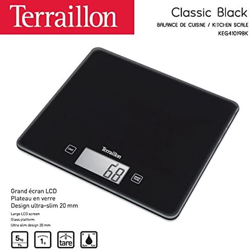 Terraillon Kitchen Scale, Tare, 액체 변환, Ultra-Fine, 5kg 용량, Classic, Black