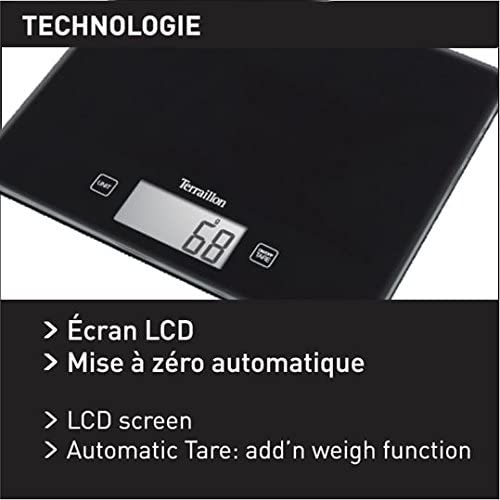 Terraillon Kitchen Scale, Tare, 액체 변환, Ultra-Fine, 5kg 용량, Classic, Black