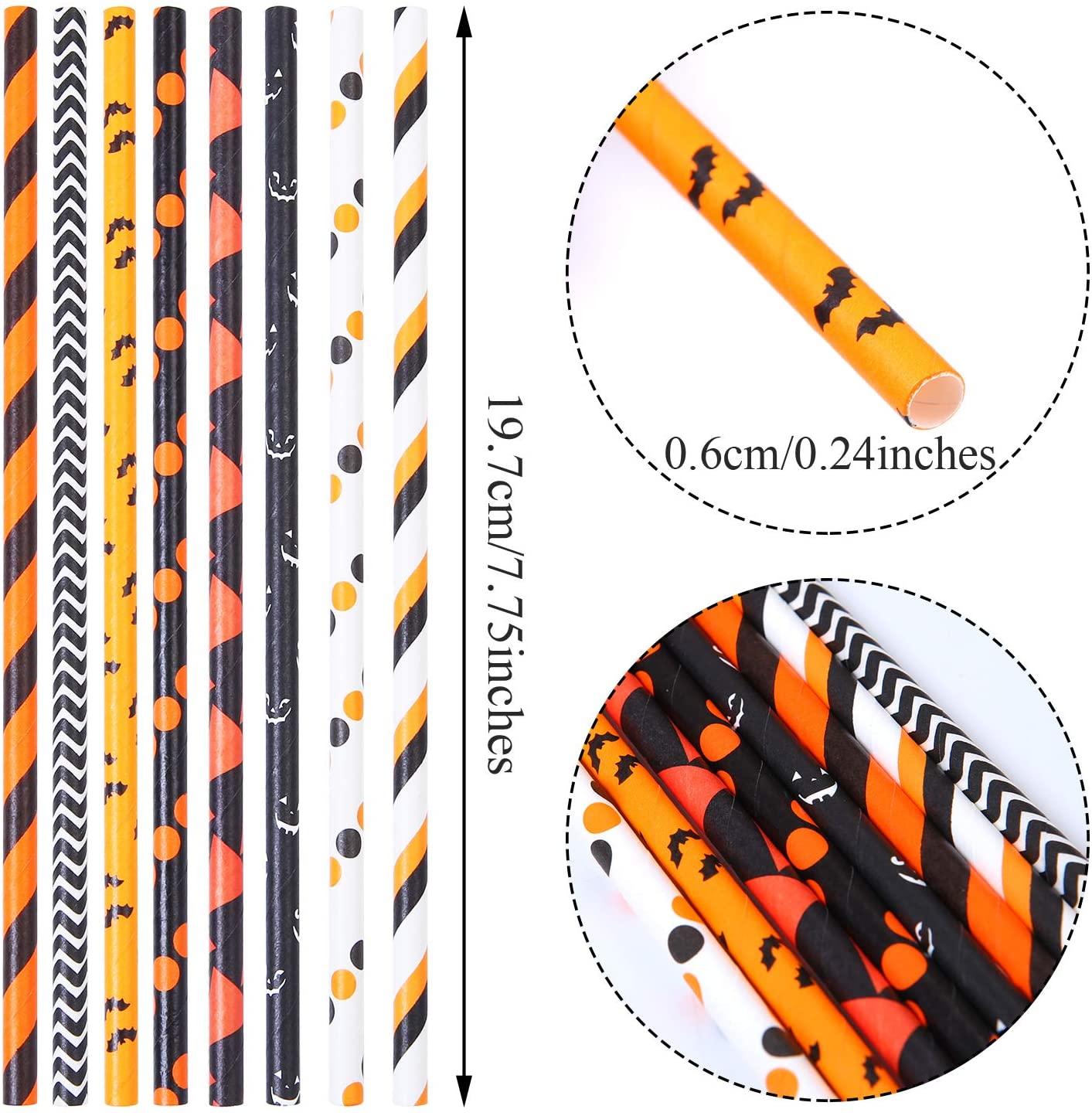 Cooraby 200개 할로윈 종이 빨대 호박 박쥐 거미줄 패턴 빨대 블랙 오렌지 생분해성 종이 빨대 할로윈 파티 호의, 8가지 스타일: 주방 및 식당