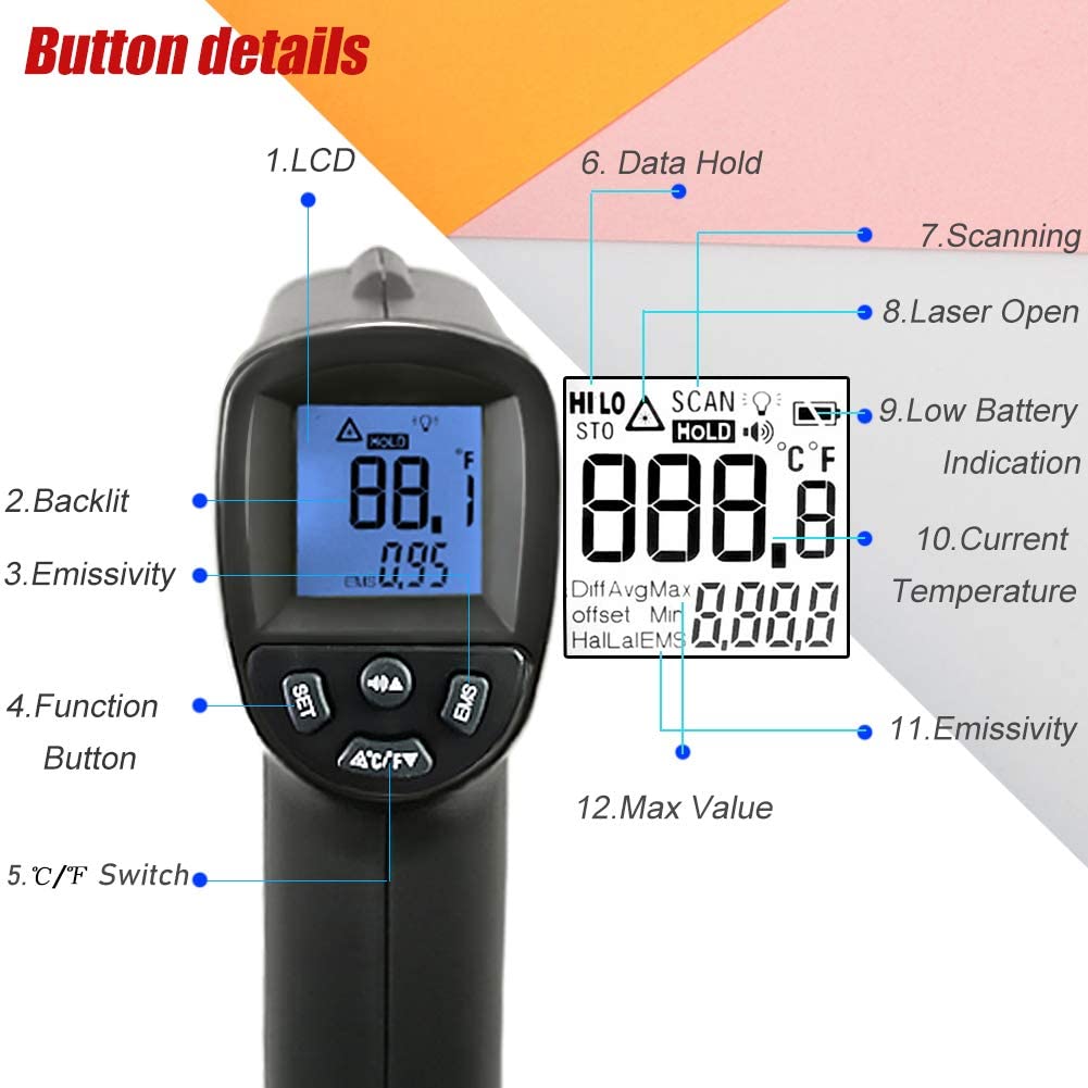 적외선 온도계(사람용 아님) -58°F~1022°F SURPEERDigital Laser 비접촉 적외선 온도총/방사능 조정 가능/육류 온도계 포함(키친/요리 바비큐/자동차/산업용)