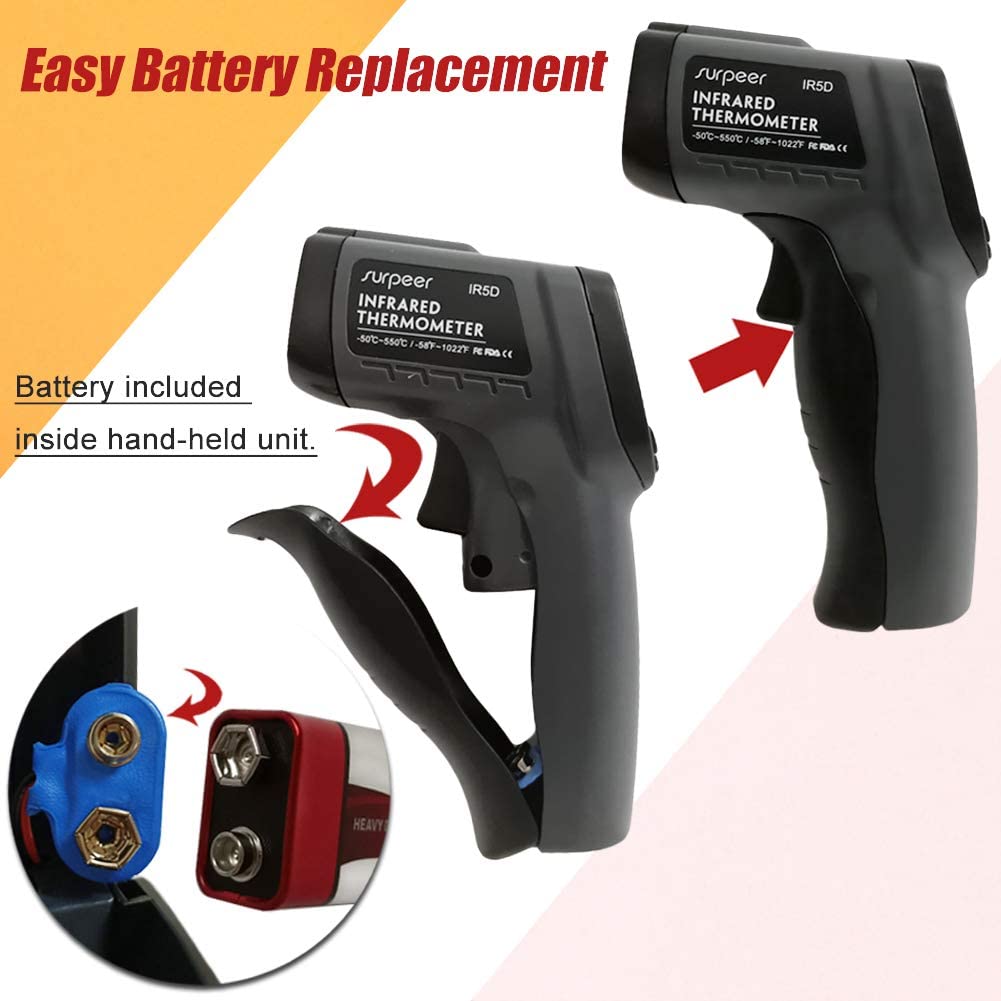 적외선 온도계(사람용 아님) -58°F~1022°F SURPEERDigital Laser 비접촉 적외선 온도총/방사능 조정 가능/육류 온도계 포함(키친/요리 바비큐/자동차/산업용)