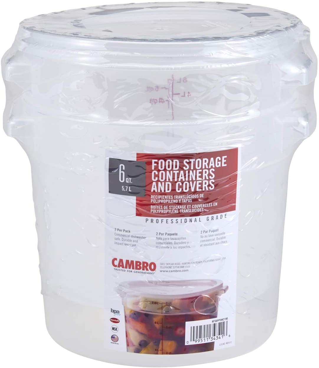 Cambro RFS6PPSW2190 6쿼터 원형 식품 저장 용기(Lid 포함), 2세트: 키친 & 다이닝