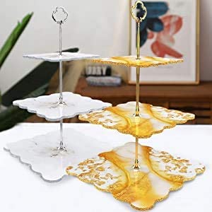 Urijk 3 Tiered Cake Stand 수지 트레이 몰드 DIY Geode Silicon 수지 몰드(Handle Fitting Fuels Candy Cupcake 디저트 뷔페 스탠드, 파티, 홈 서빙 플래터(Square):