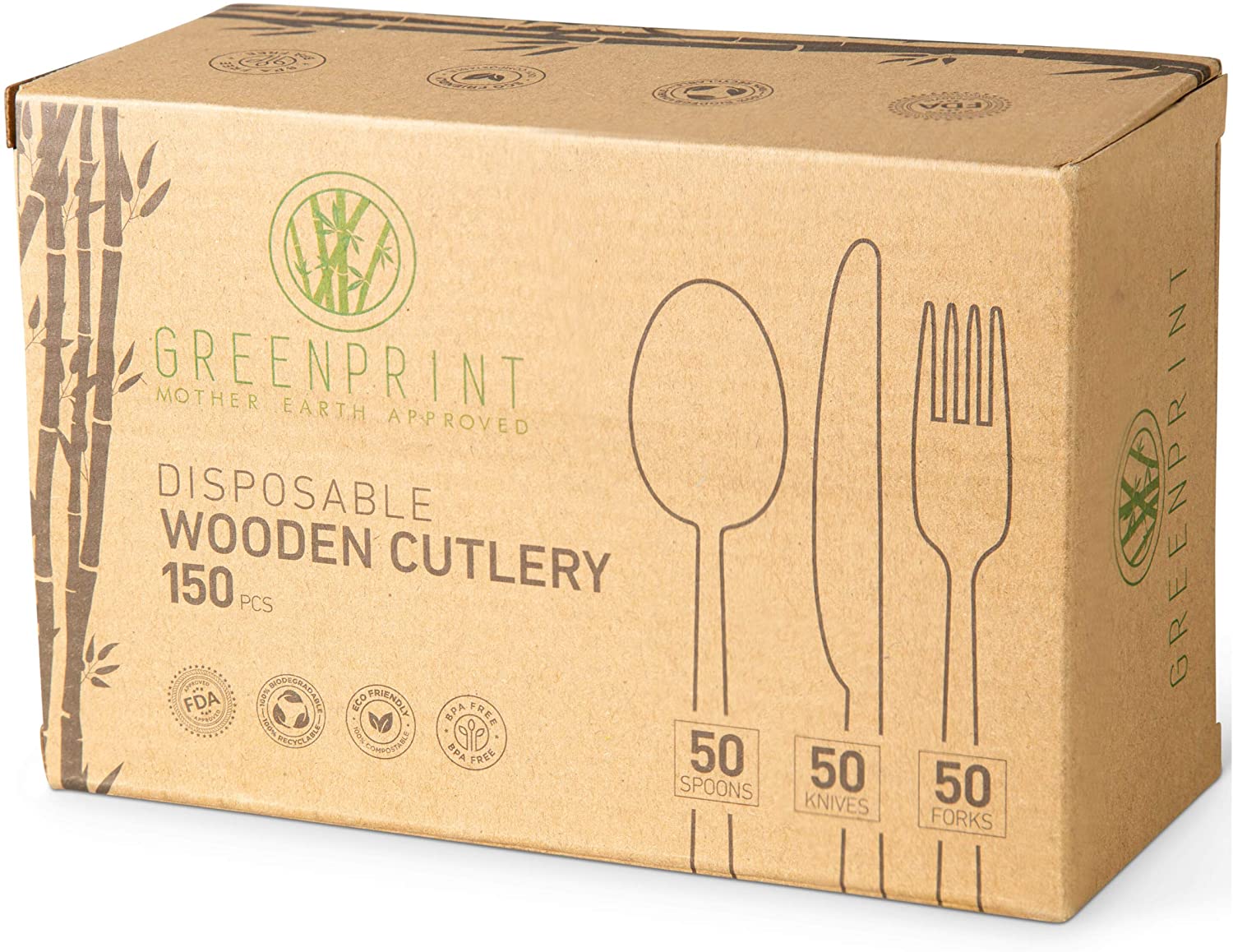 GREENPRINT 일회용 나무 칼 세트-150 조각 총 : 50 포크, 50 스푼, 나이프 50, 6 인치 길이 친환경 생분해 성 퇴비 가능한 나무 식기 나무 칼