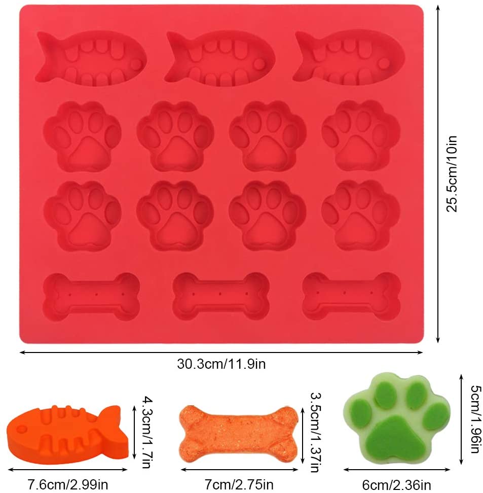 3 Pcs 실리콘 캔디 초콜릿 몰드, FineGood 물고기 및 강아지 발 및 뼈 모양의 아이스 큐브 트레이 쿠키 냉동 개를 만들기위한 베이킹 팬 비누 바-빨강, 자주색, 분홍색