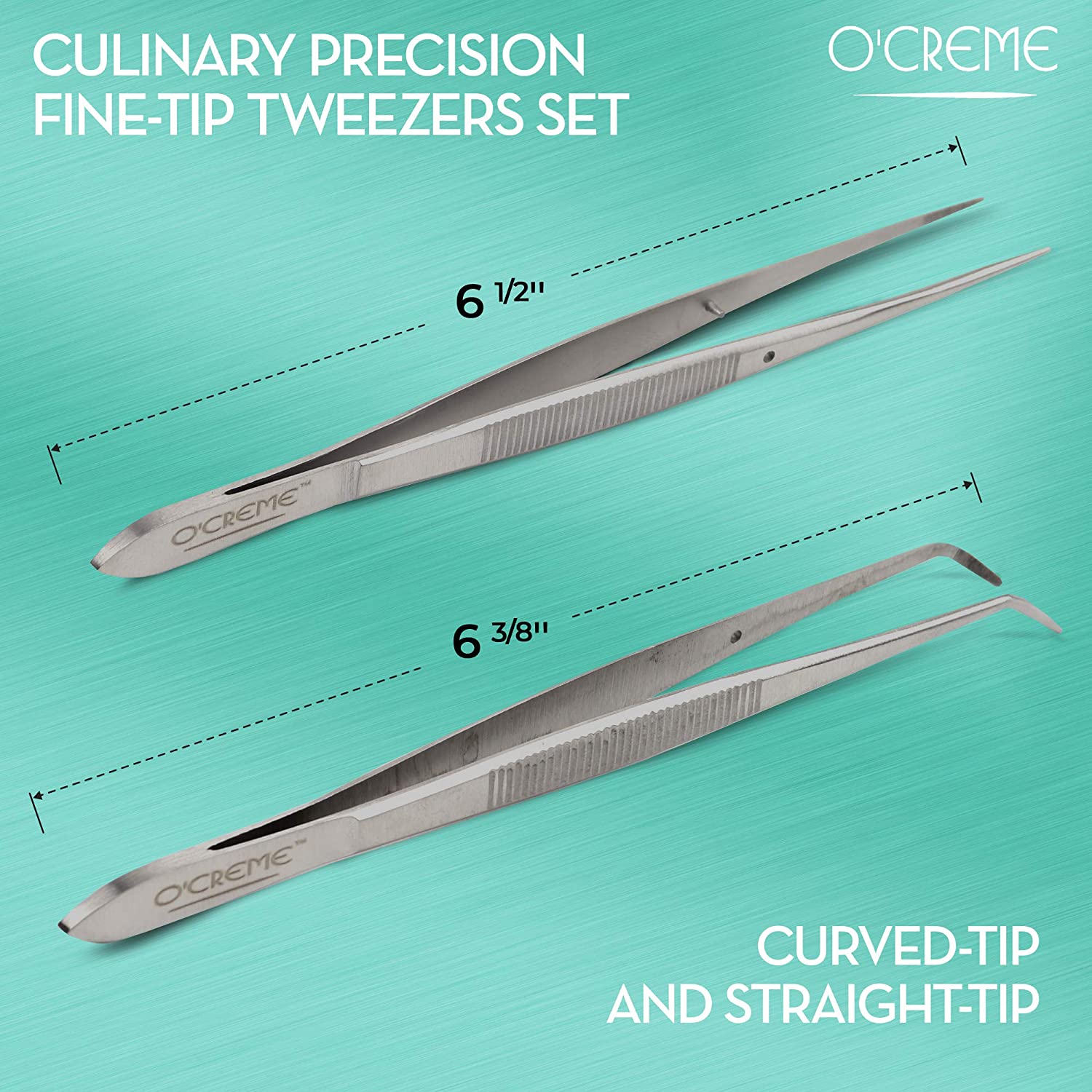 O'Creme Stainless Steel Precision Kitchen 요리 용 고급 핀셋 집게, 1 개는 곡선 형 팁, 1 개는 직선형 팁